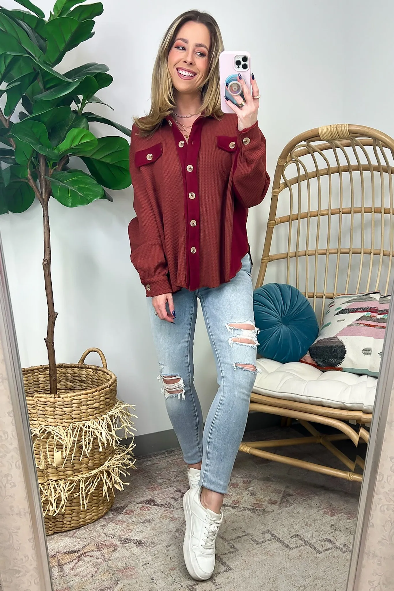 Abrielle Oversized Waffle Knit Button Down Shacket - FINAL SALE