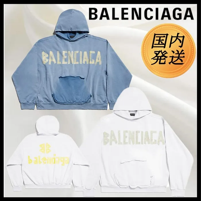 BALENCIAGA  |Men's Tape Type Ripped Pocket Hoodie Large Fit in Faded Blue