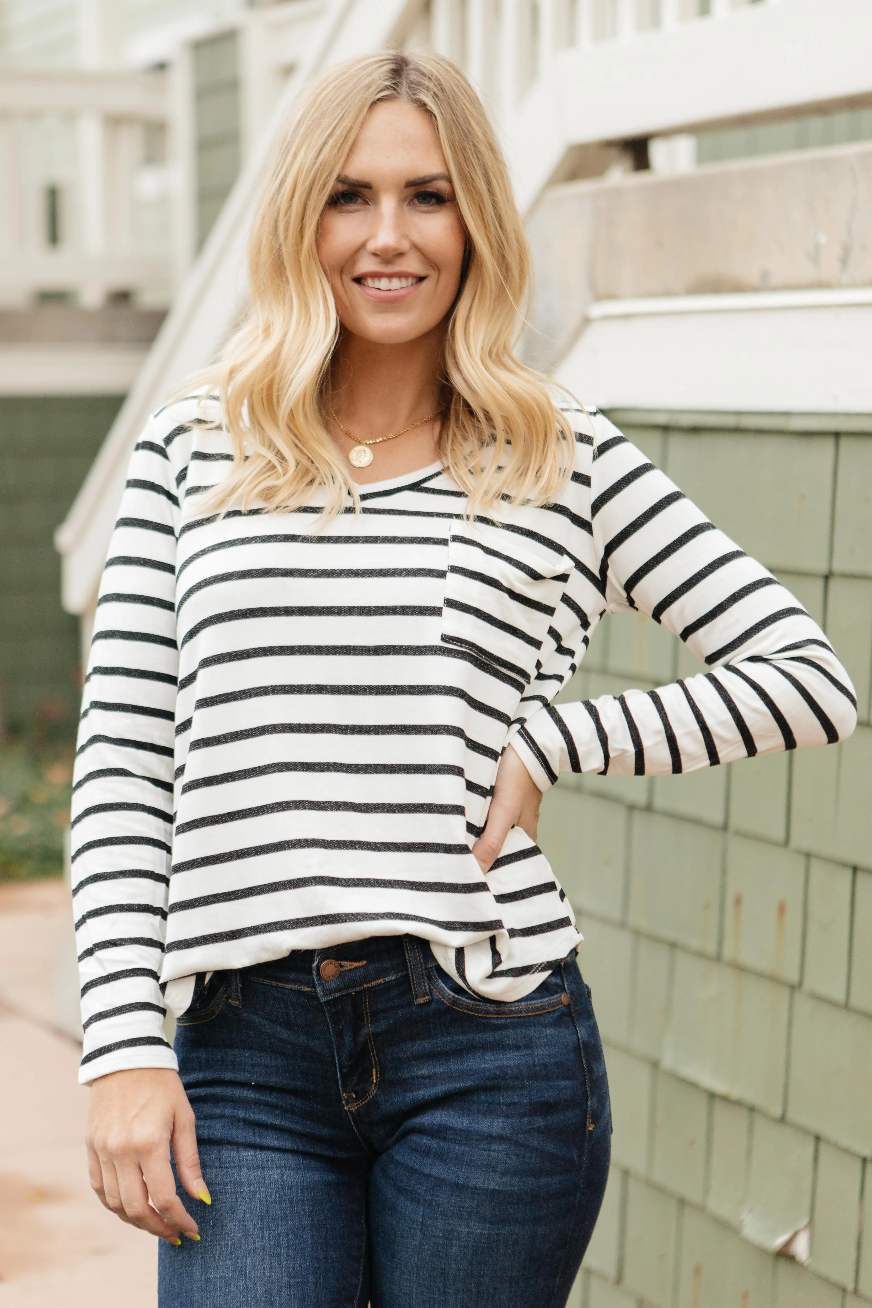 Basically Striped Long Sleeve Top in Ivory and Black - On Hand