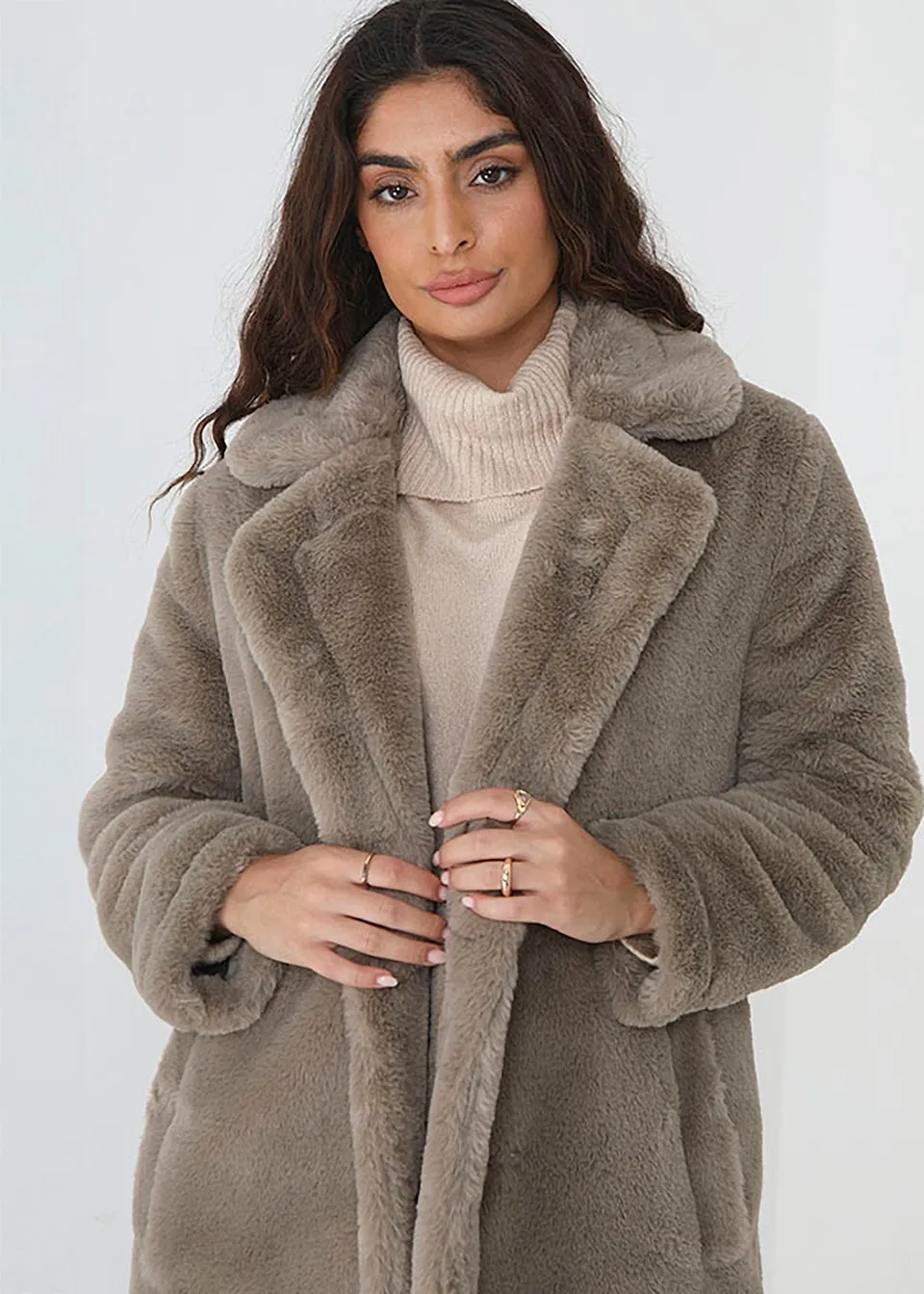 Brave Soul Taupe Double Breasted Faux Fur Coat