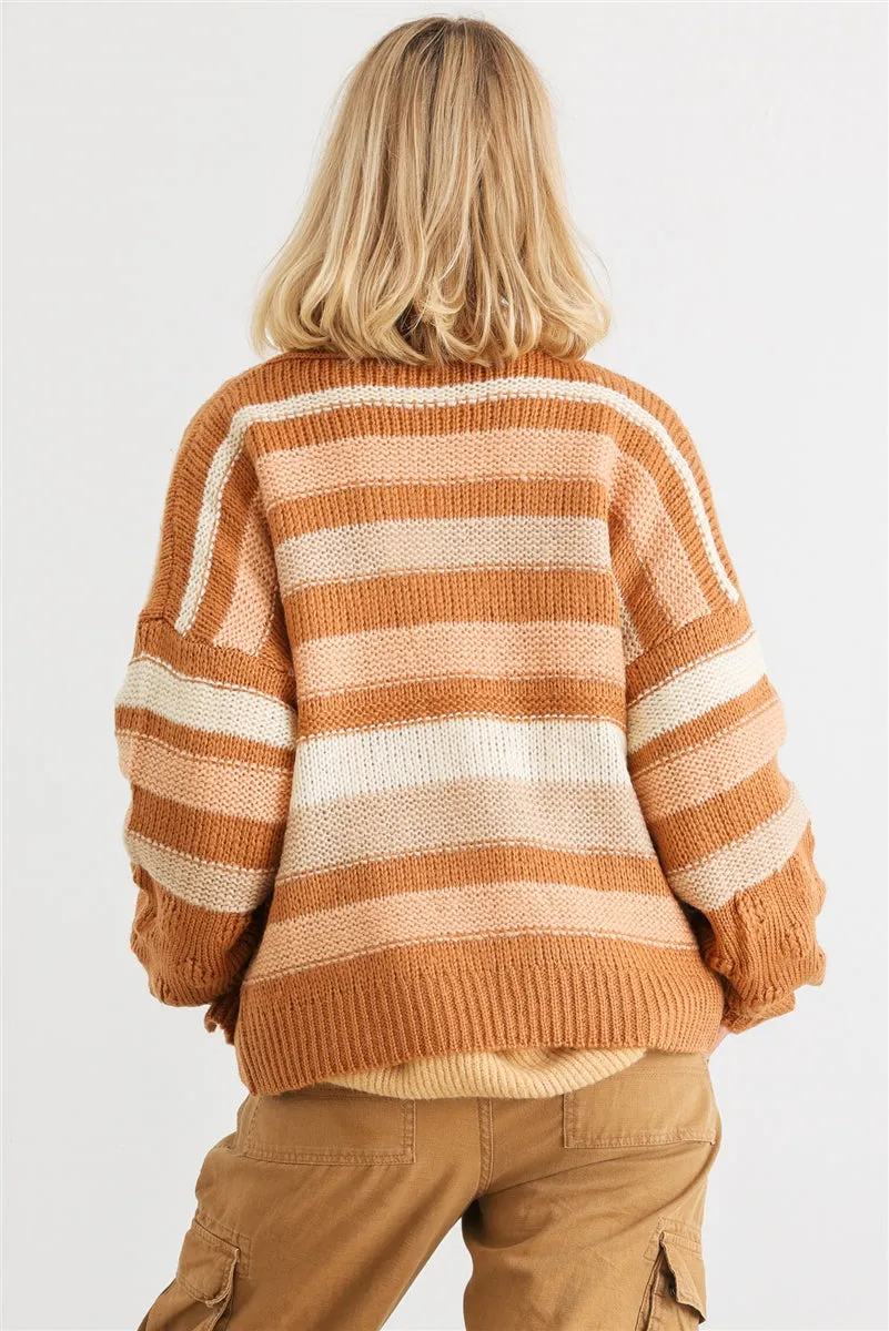 Camel Striped Crochet Knit Two Pocket Open Front Cardigan