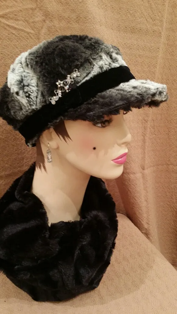 Chinchilla Black Luxury Faux Fur Valerie Hat with Brooch P: Size Medium