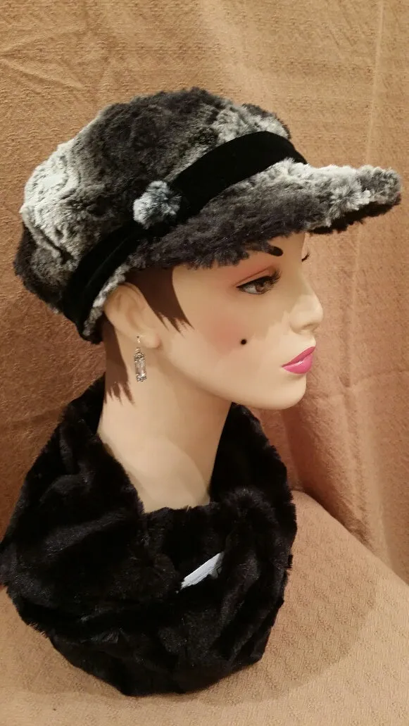 Chinchilla in Black Luxury Faux Fur Valerie Hat with Band with Button: Size Large