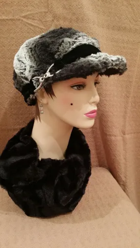 Chinchilla in Black Luxury Faux Fur Valerie Hat with Buckle: Size Large