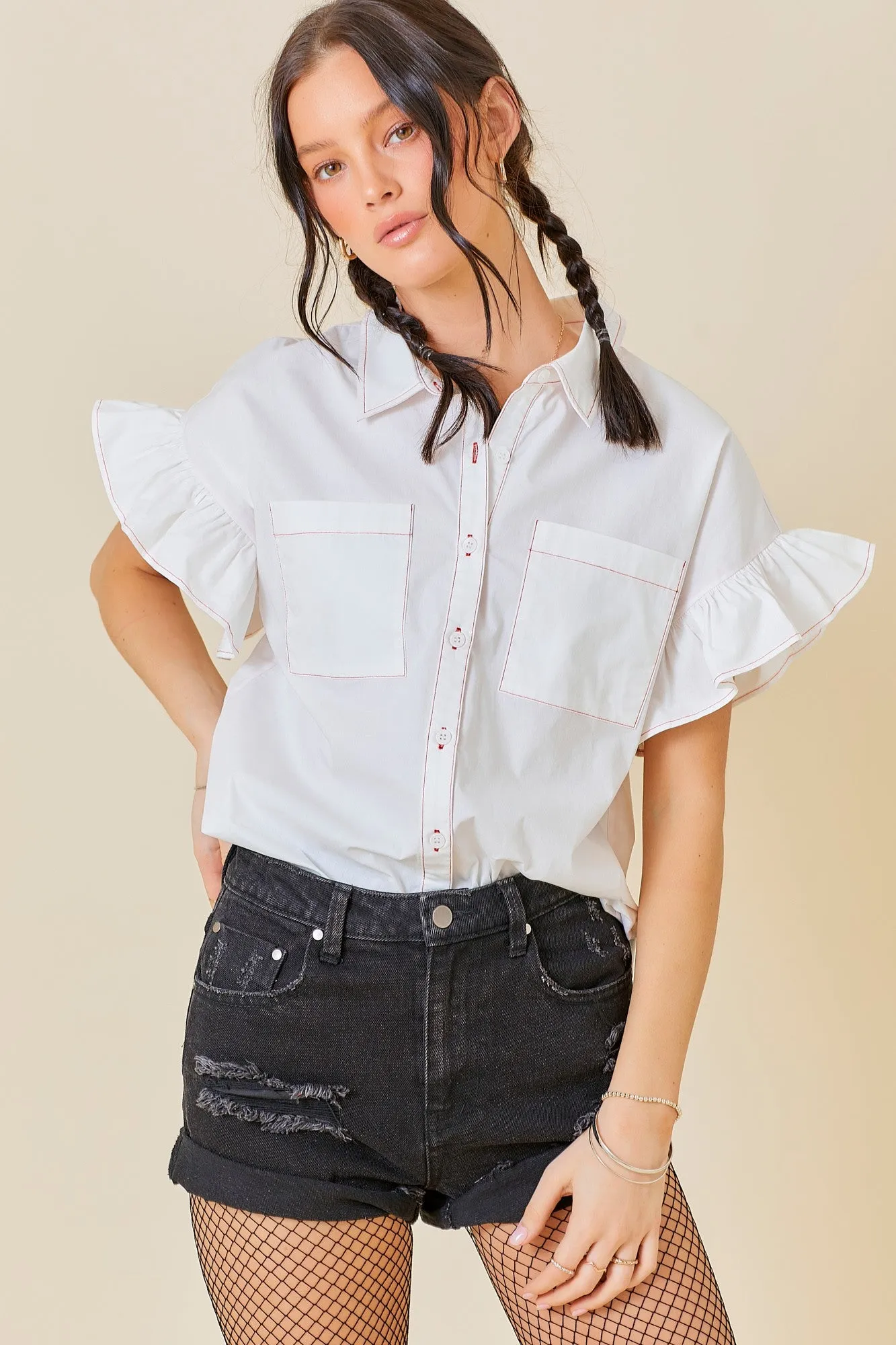 Collared Neck Short Ruffle Sleeve Button Down Top