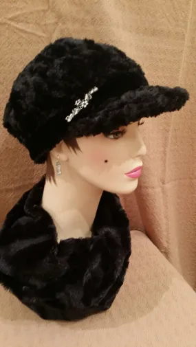 Cuddly Black Luxury Faux Fur Valerie Hat with Brooch Pin: Size Large