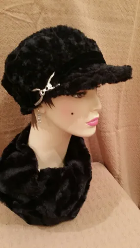 Cuddly Black Luxury Faux Fur Valerie Hat with Buckle: Size Large