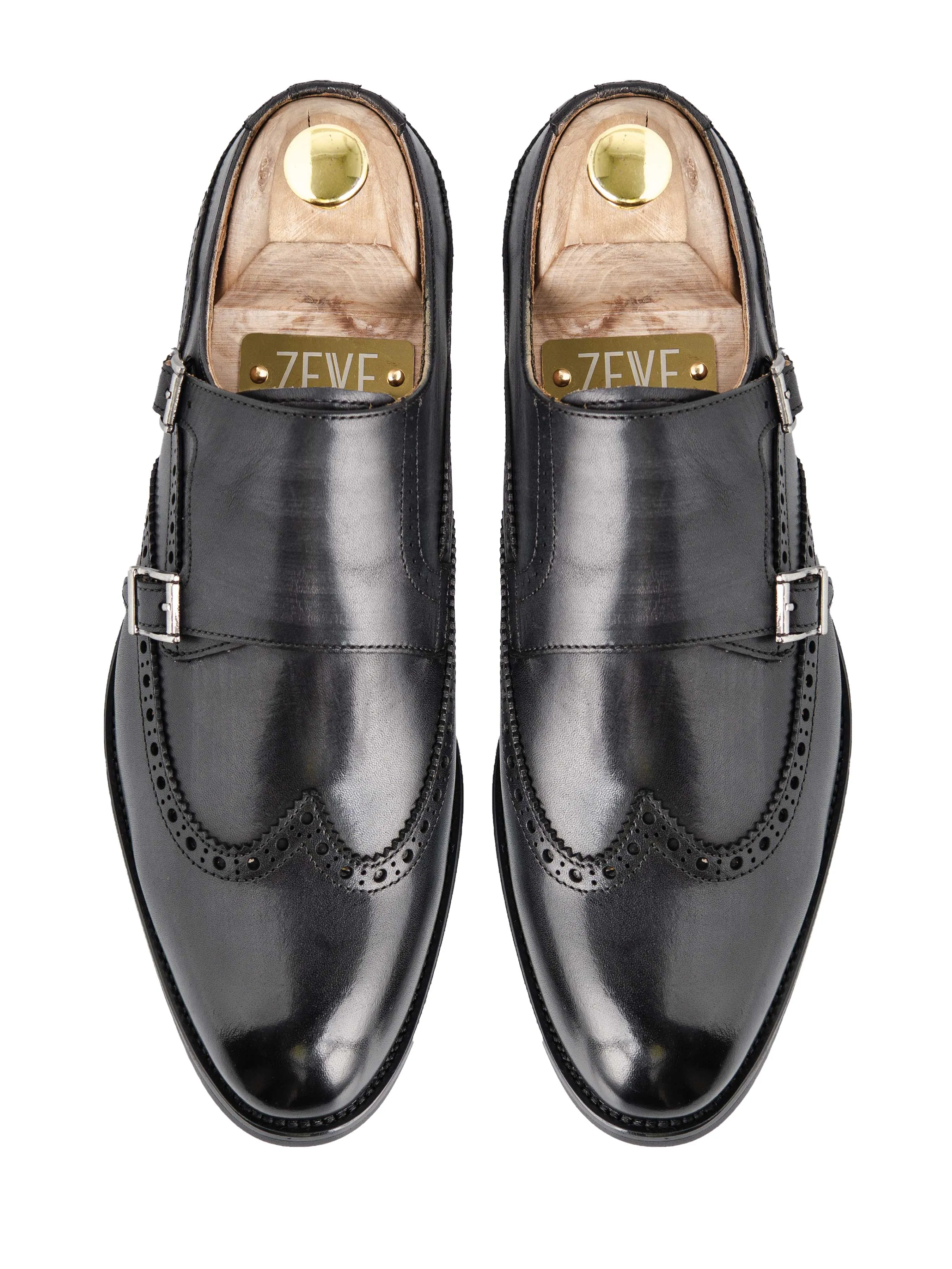 Double Monk Strap Brogue Wingtip - Duo Tone Black (Hand Painted Patina)