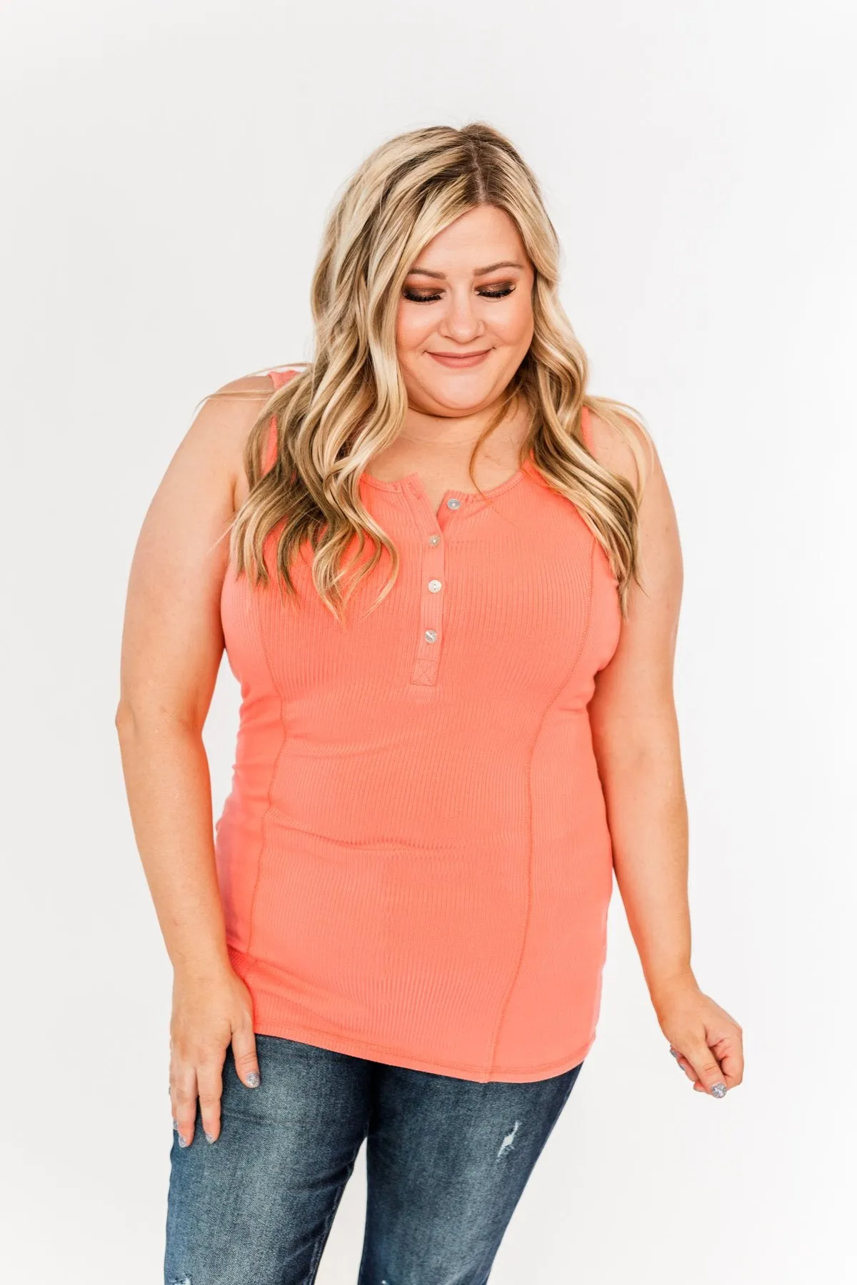 Dream Life Ribbed Button Tank Top- Coral