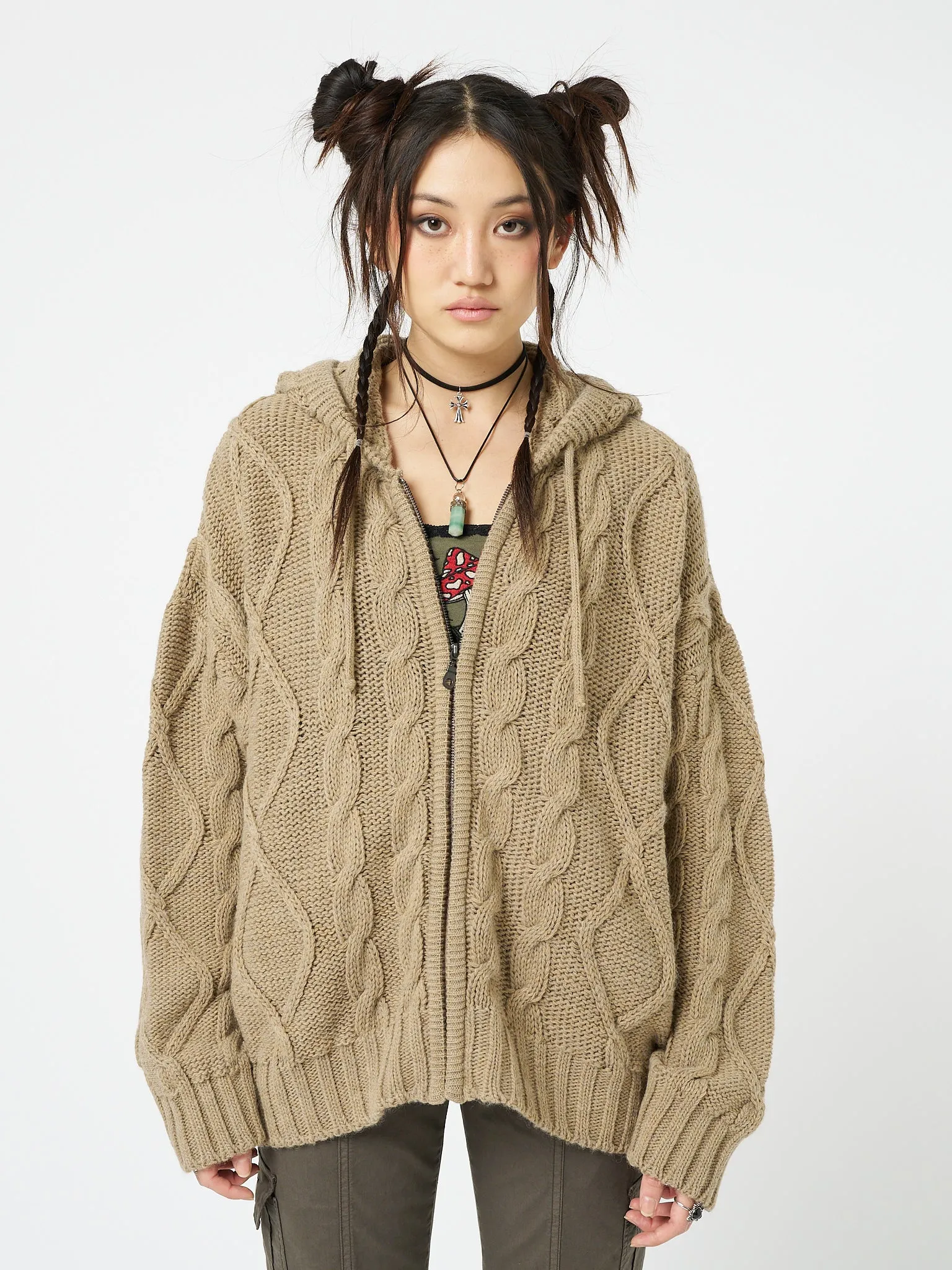 Eli Beige Zip Up Cable Knit Cardigan