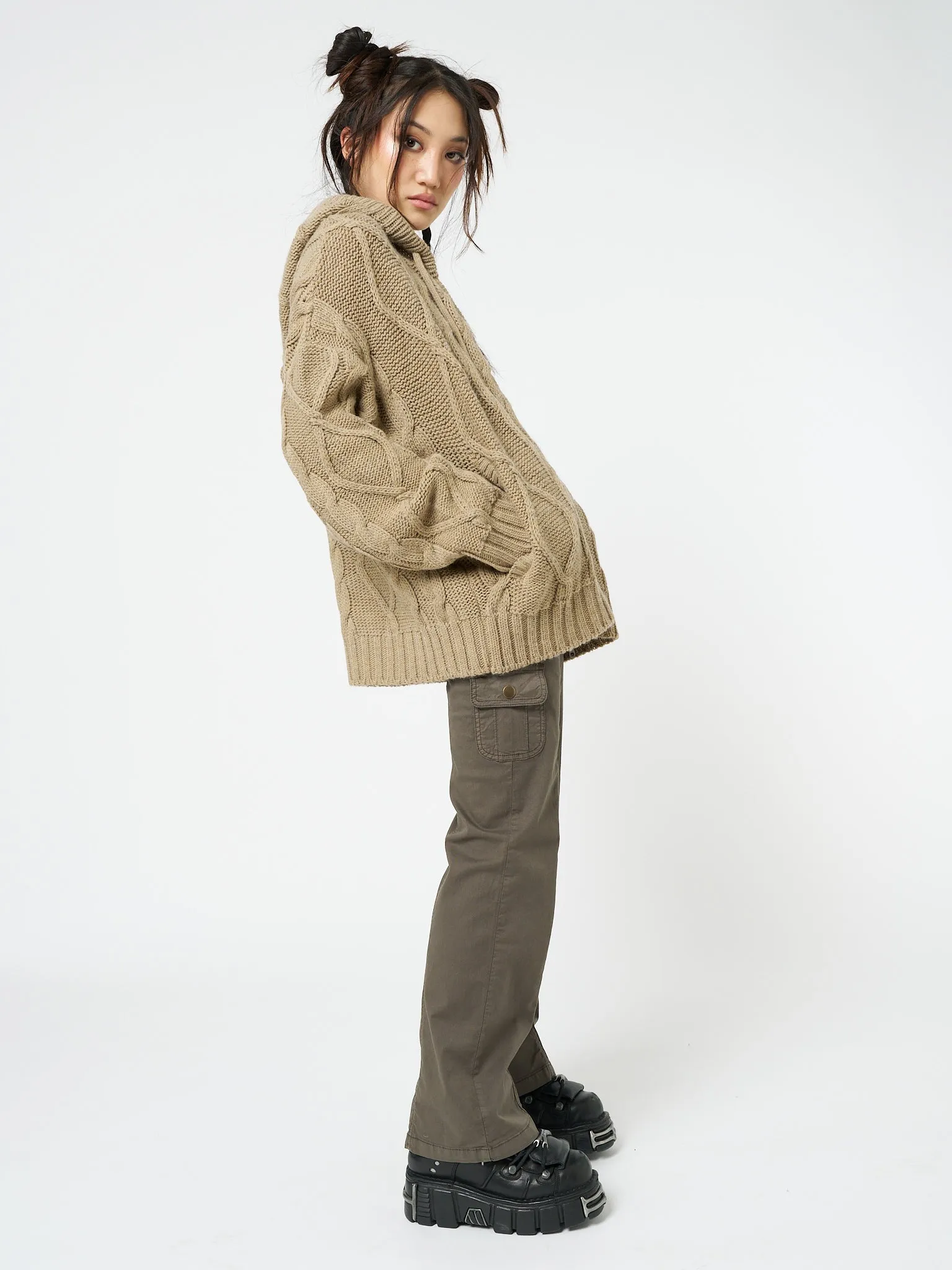 Eli Beige Zip Up Cable Knit Cardigan