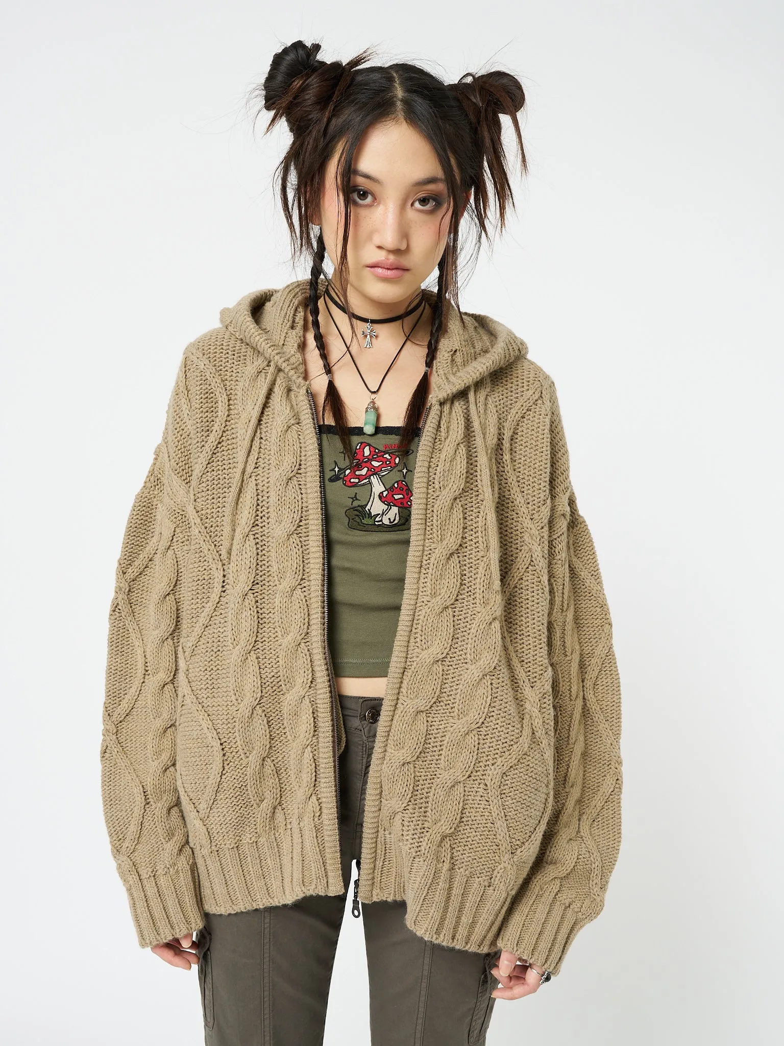 Eli Beige Zip Up Cable Knit Cardigan