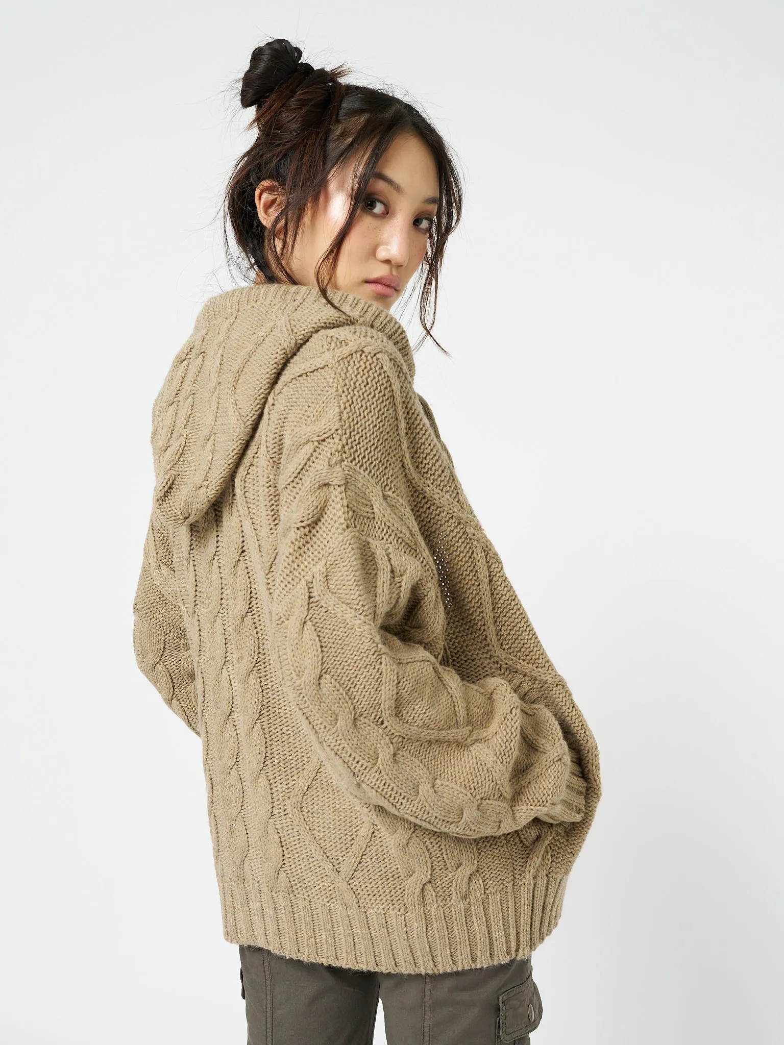 Eli Beige Zip Up Cable Knit Cardigan