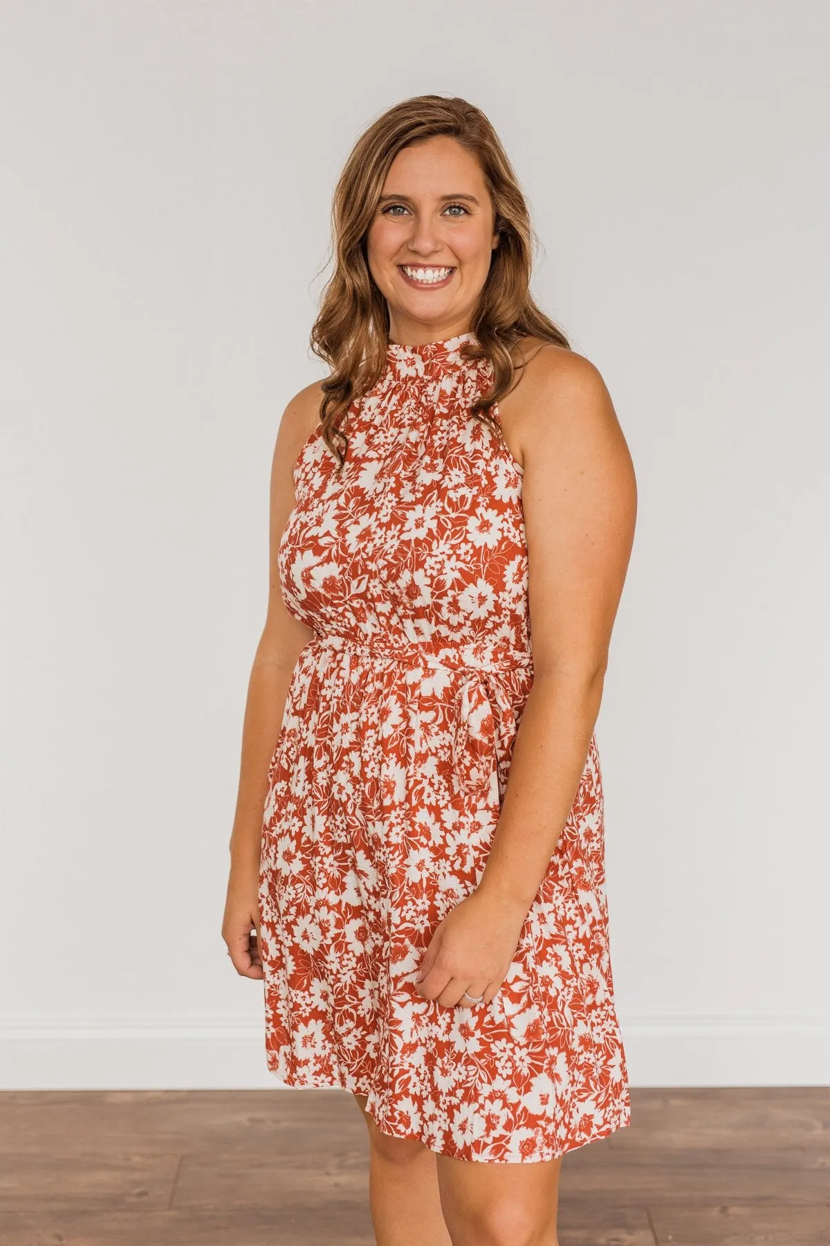 Fall Feelings Floral Tie Dress- Ivory & Soft Rust