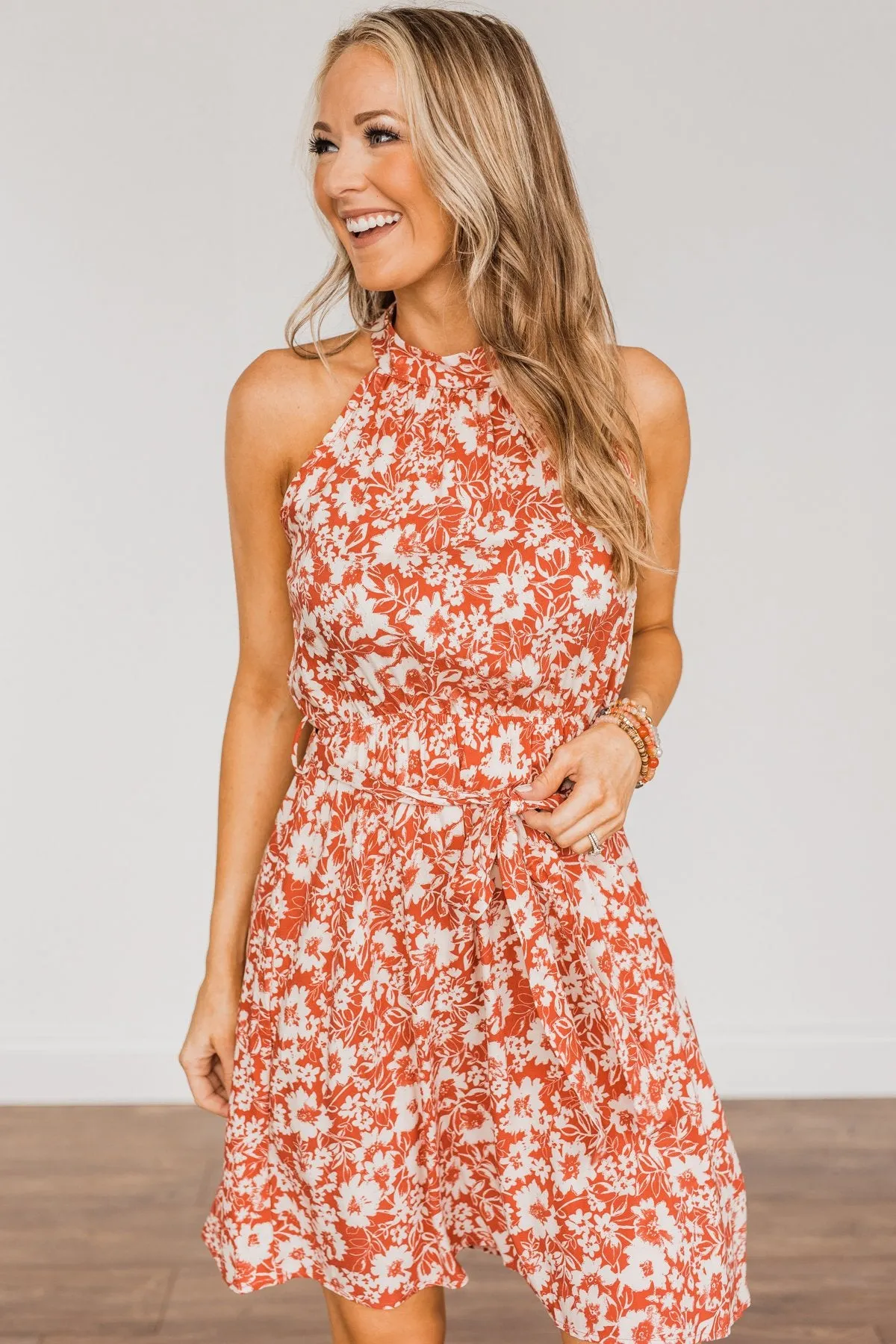 Fall Feelings Floral Tie Dress- Ivory & Soft Rust