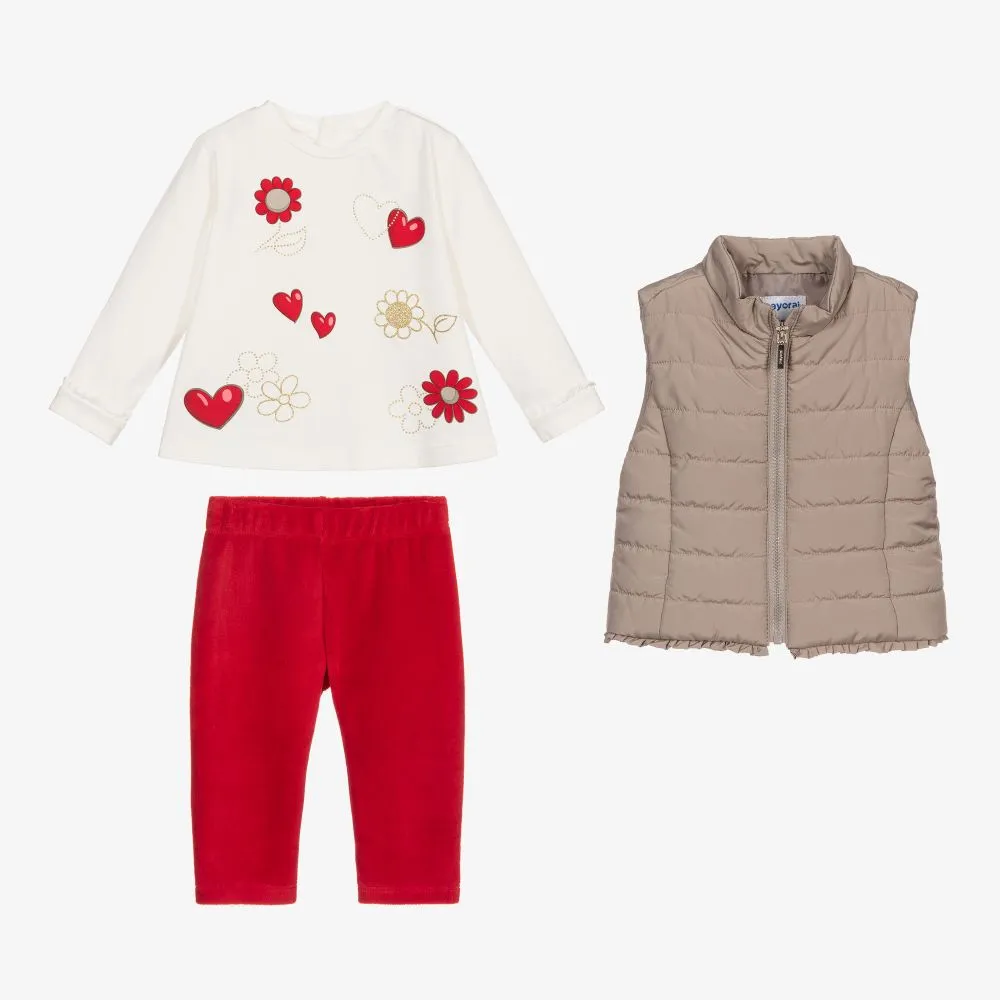 Girls Beige & Red Leggings Set