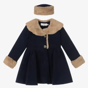 Girls Blue Faux Fur Coat & Hat