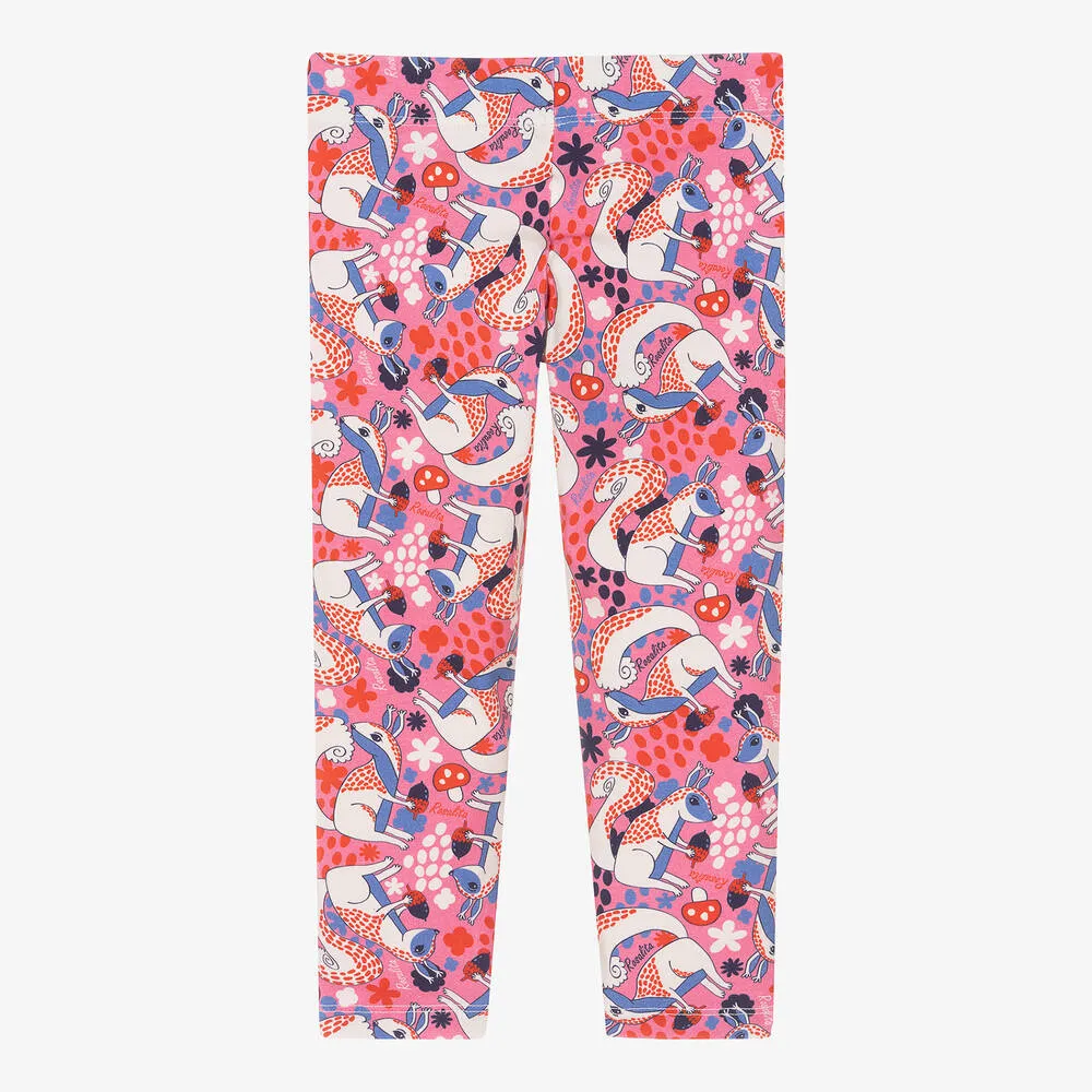 Girls Pink Cotton Squirrel Leggings