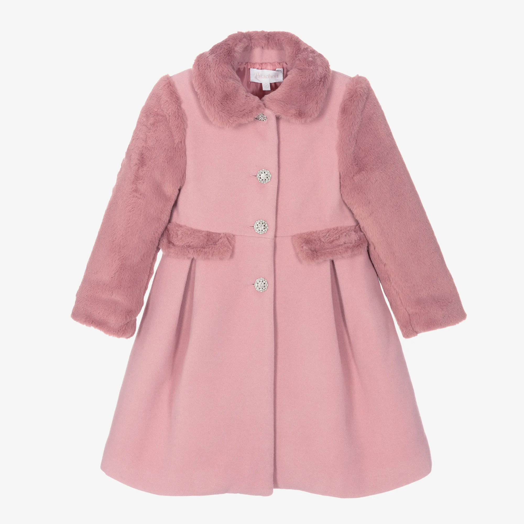 Girls Pink Felted & Faux Fur Coat