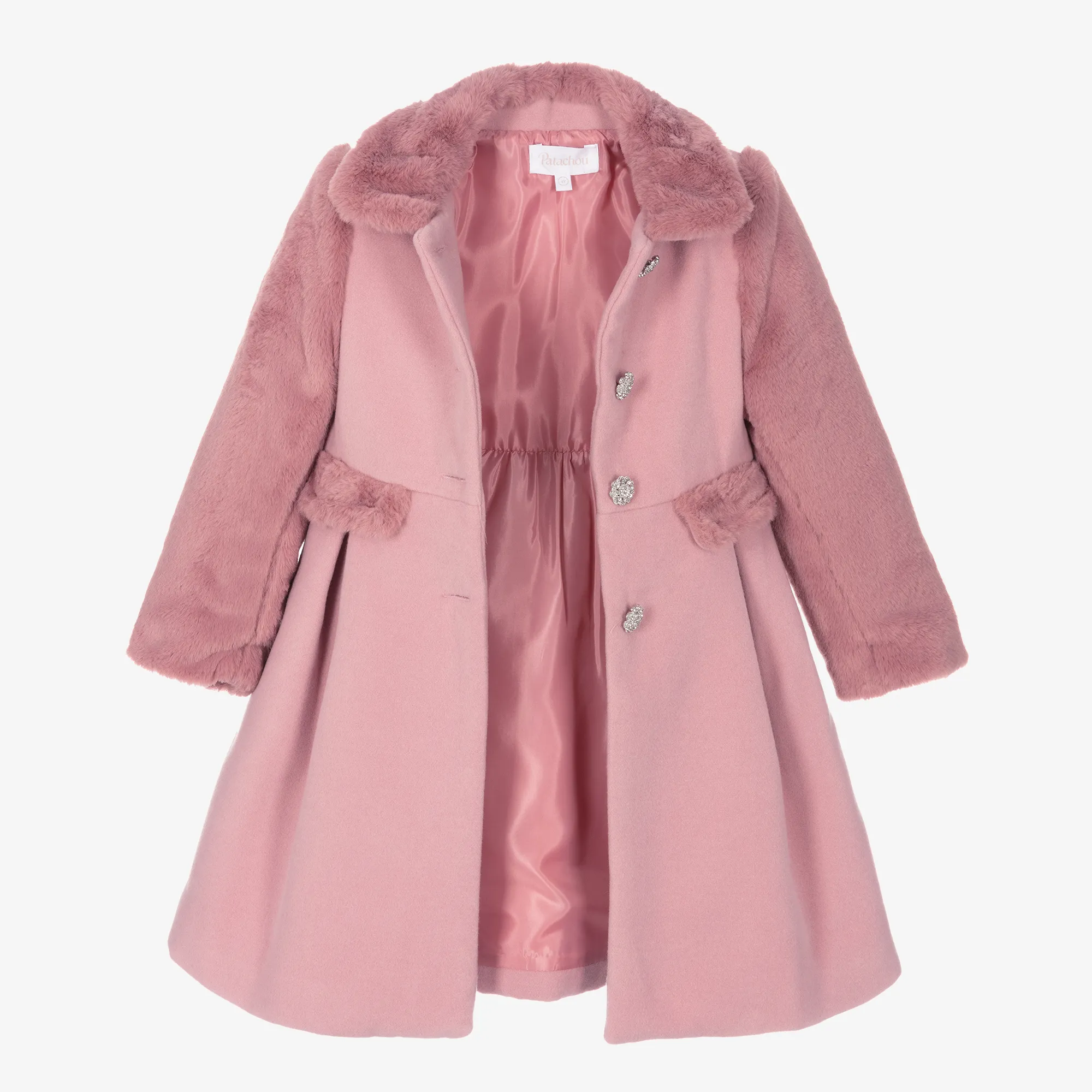 Girls Pink Felted & Faux Fur Coat