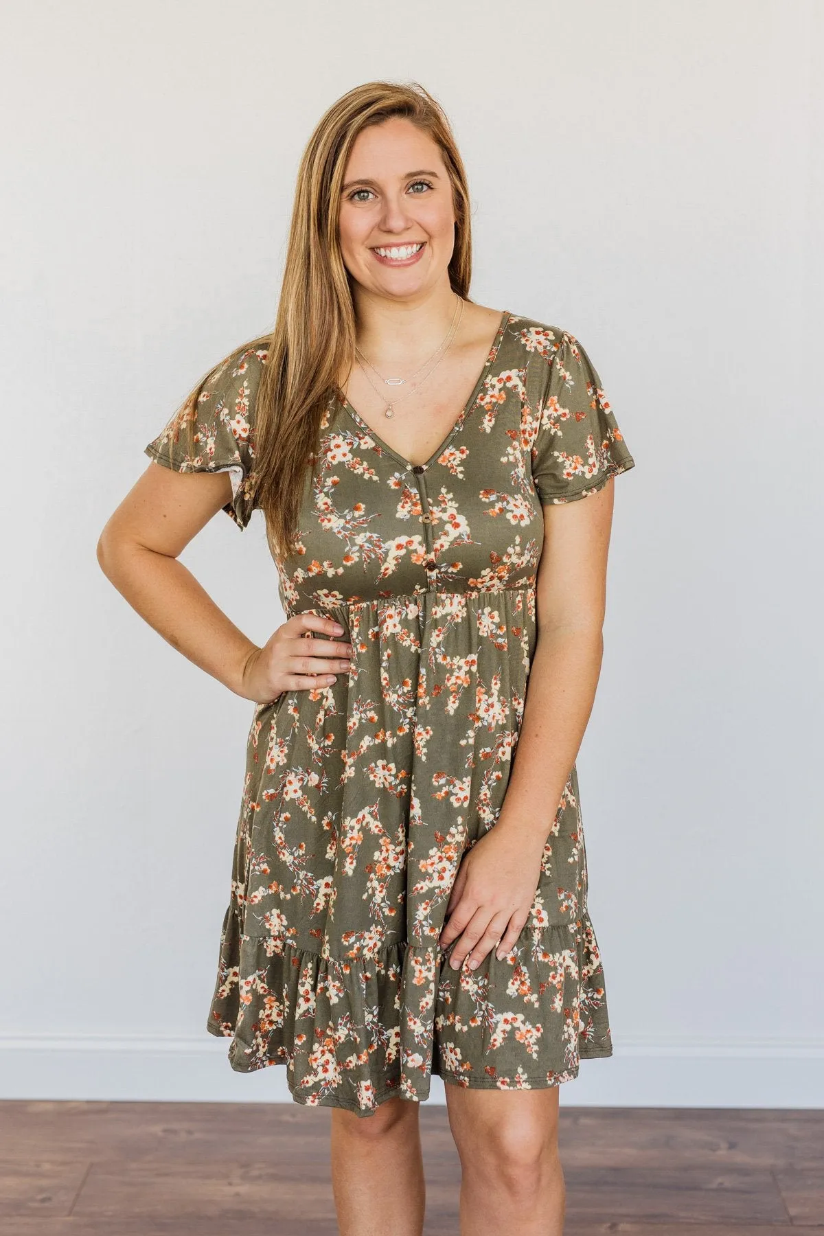 Having Fun Floral Print Dress- Olive