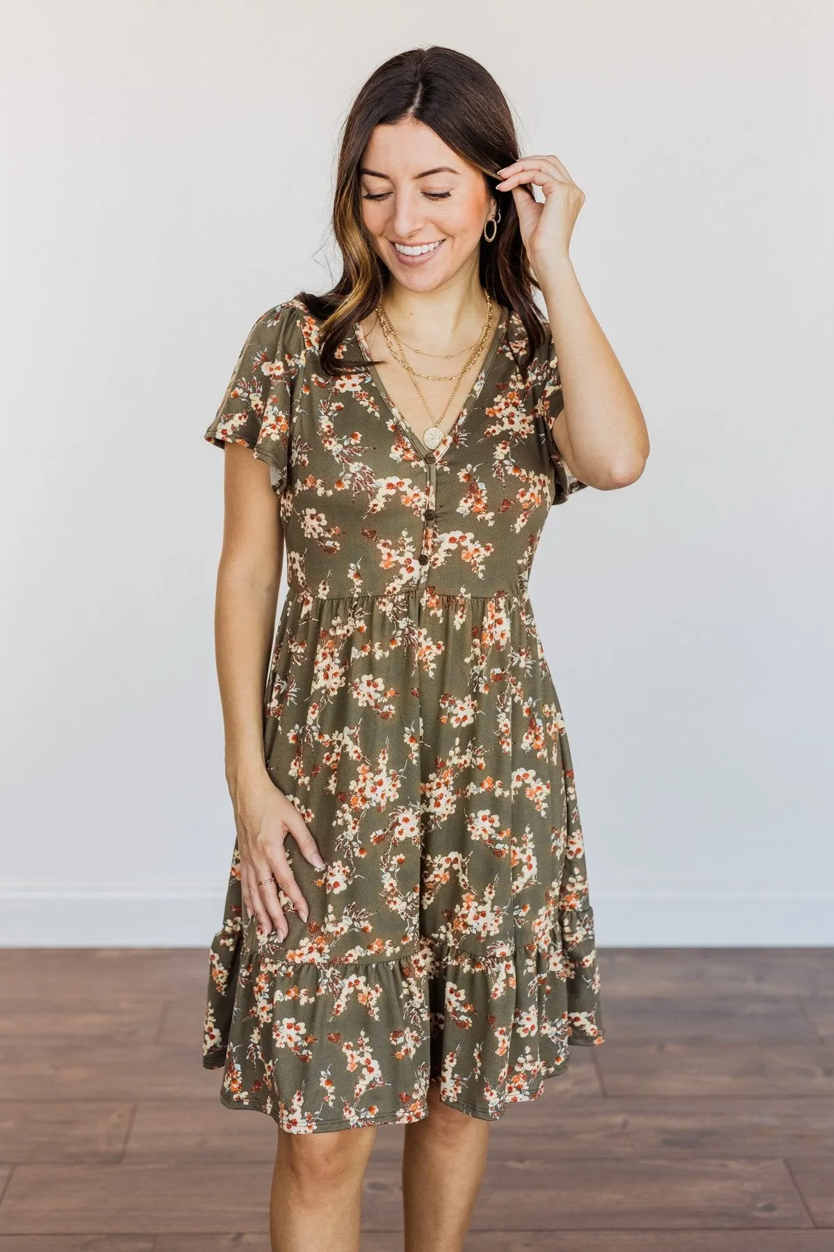 Having Fun Floral Print Dress- Olive