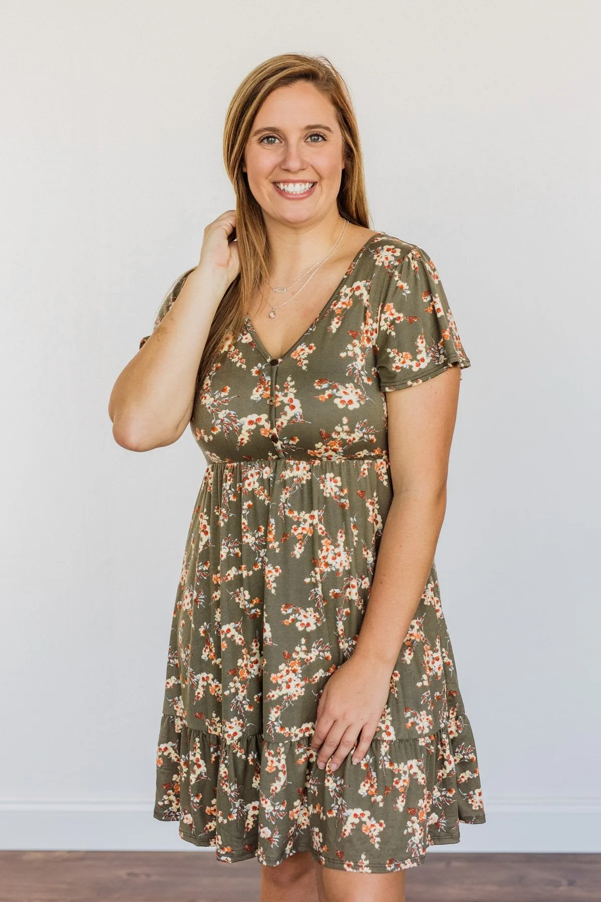 Having Fun Floral Print Dress- Olive