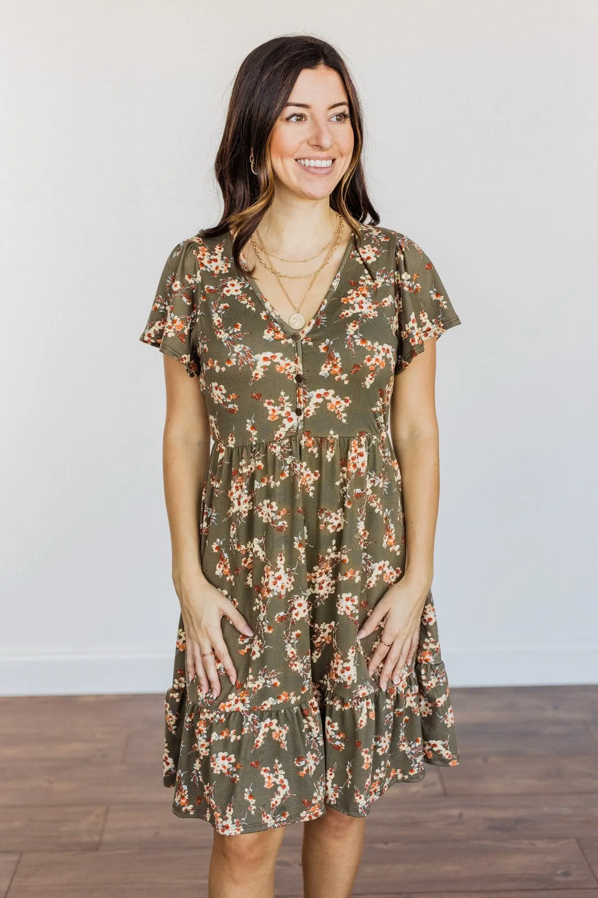 Having Fun Floral Print Dress- Olive