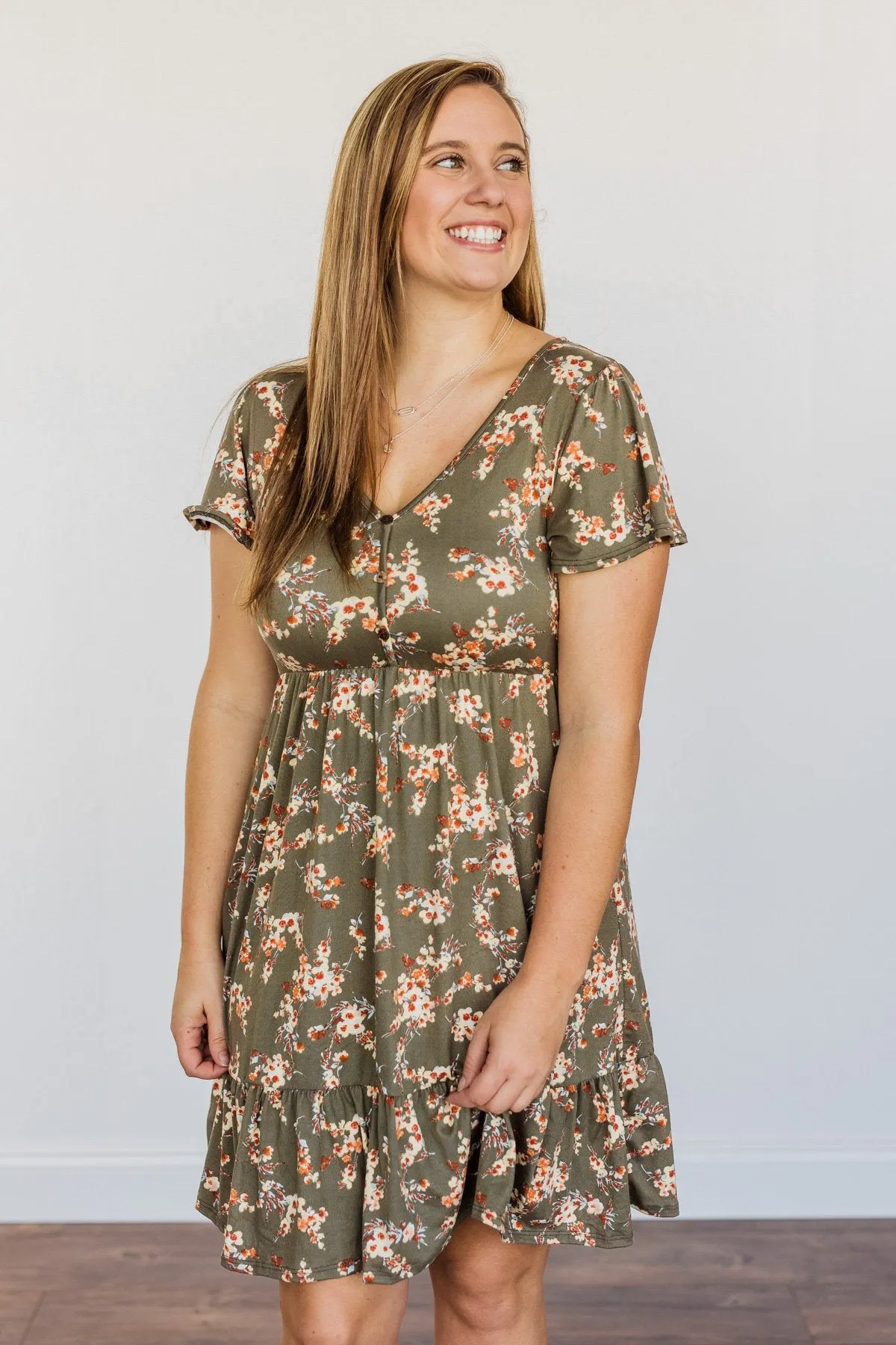 Having Fun Floral Print Dress- Olive