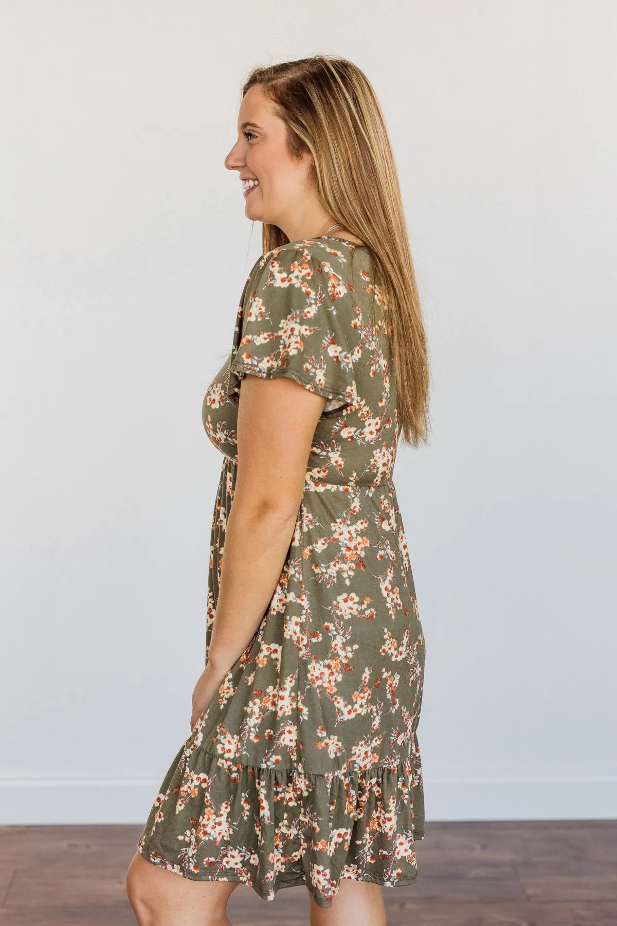 Having Fun Floral Print Dress- Olive