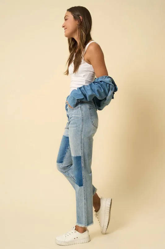 High Rise Frayed Hem Straight Jeans