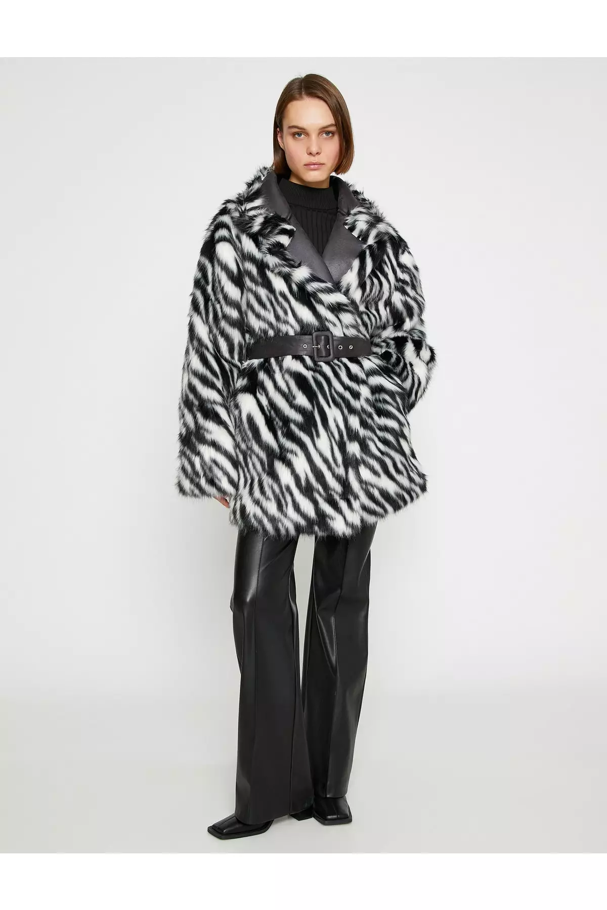 KOTON Zebra Patterned Belt Faux Fur Coat