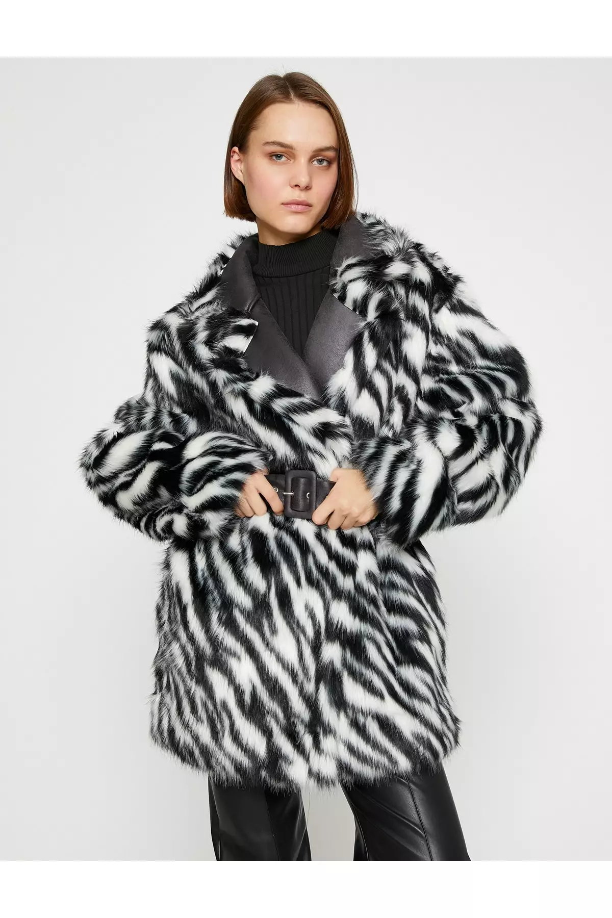 KOTON Zebra Patterned Belt Faux Fur Coat