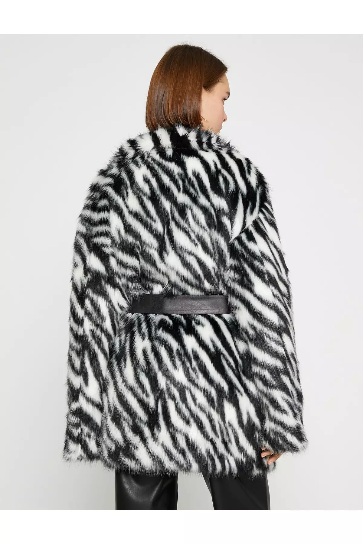 KOTON Zebra Patterned Belt Faux Fur Coat