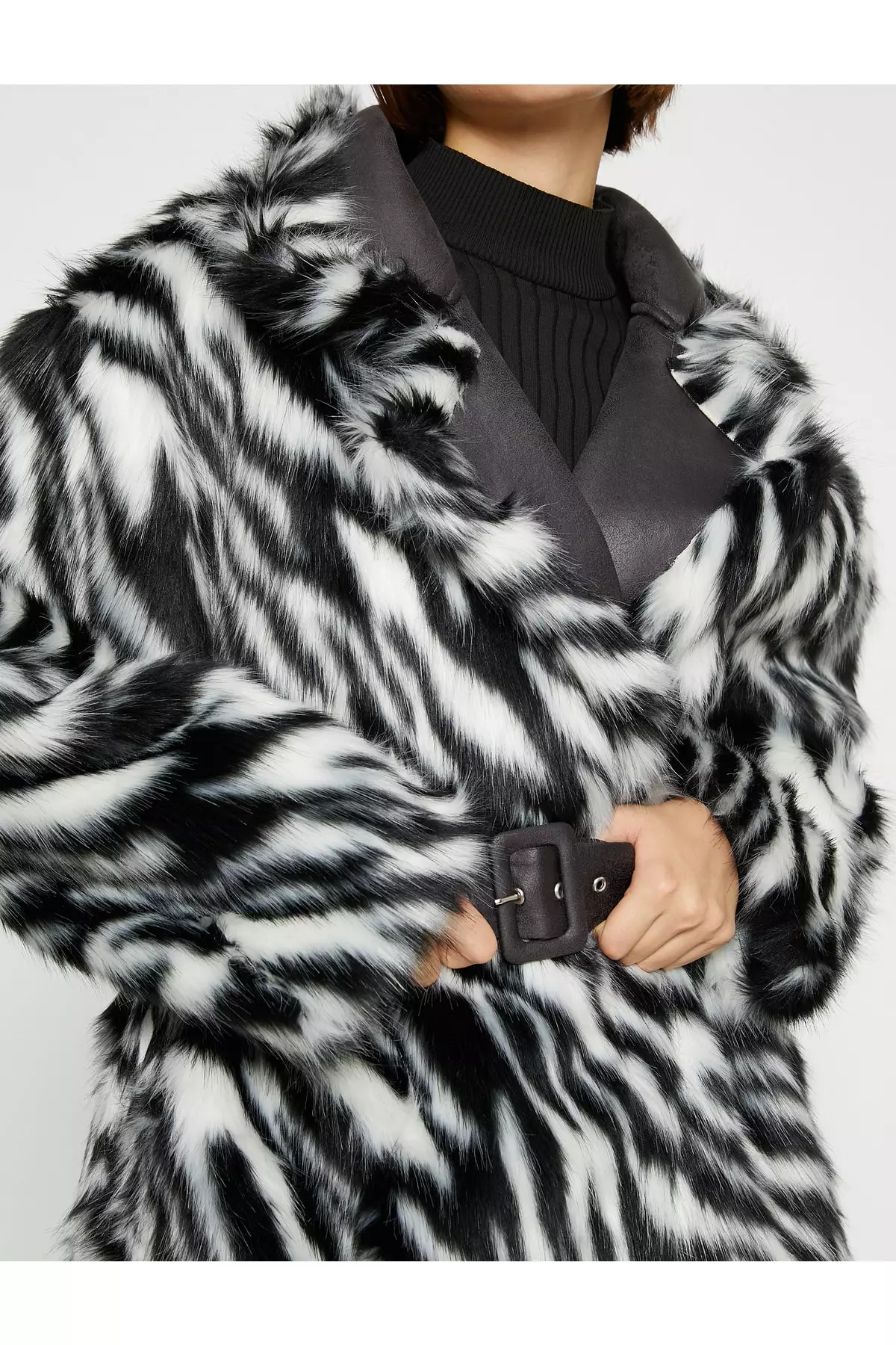 KOTON Zebra Patterned Belt Faux Fur Coat