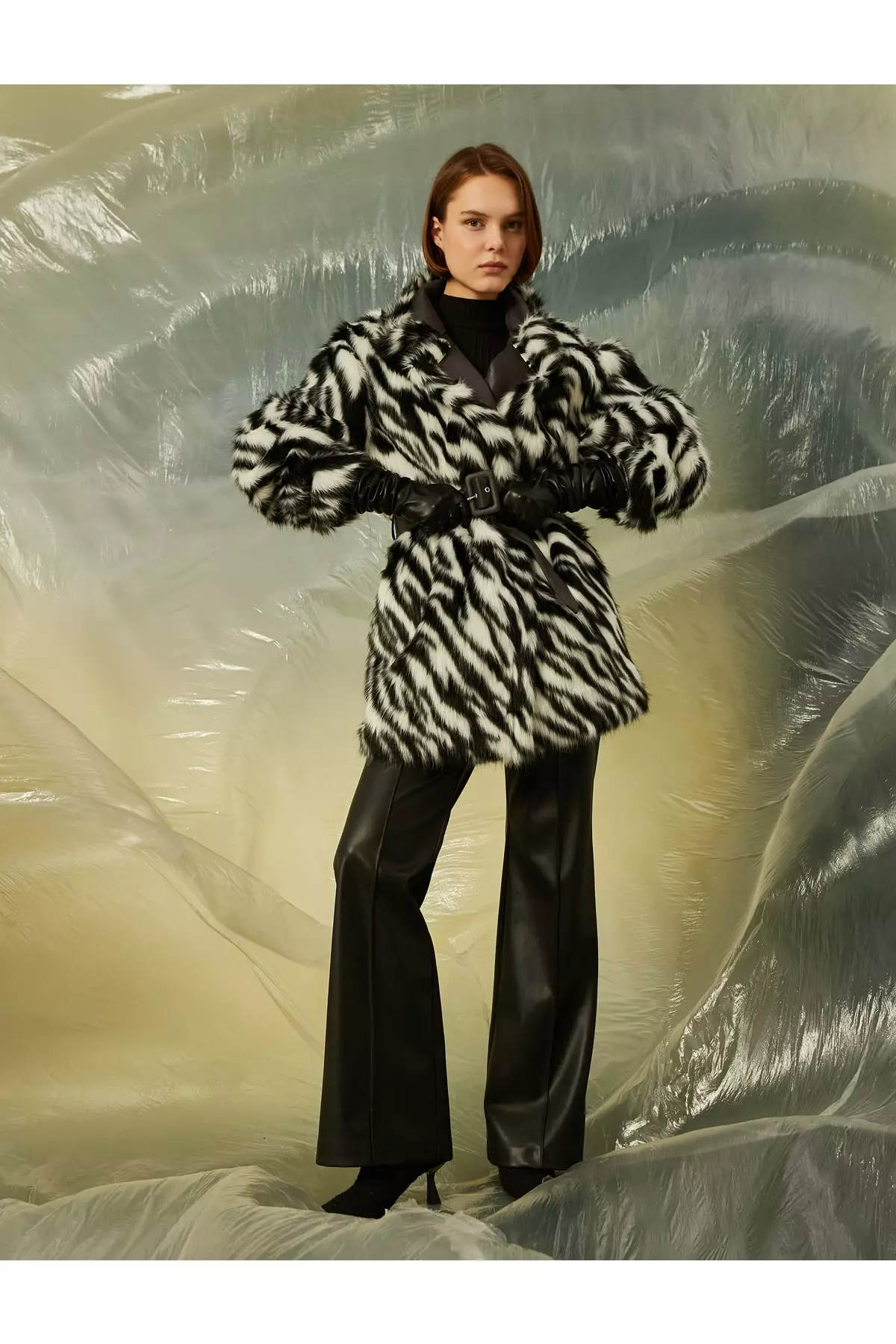 KOTON Zebra Patterned Belt Faux Fur Coat