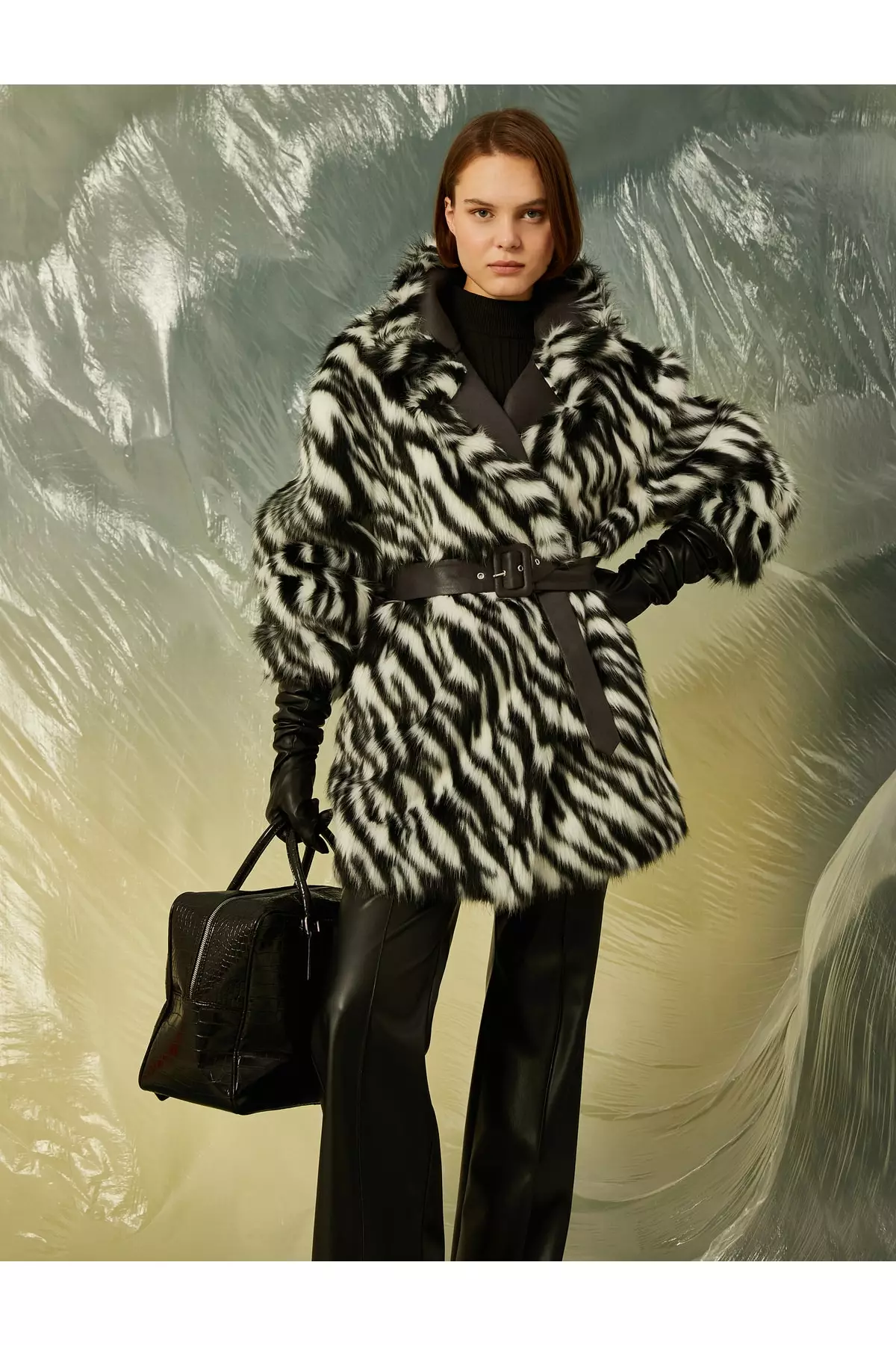 KOTON Zebra Patterned Belt Faux Fur Coat