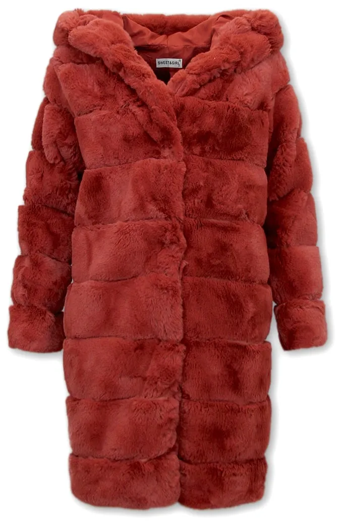 Ladies Faux Fur Coat With Hood Bordeaux | NEW |