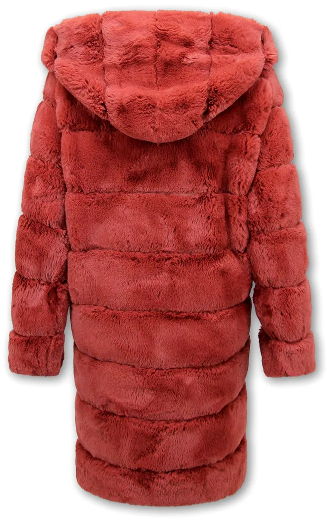 Ladies Faux Fur Coat With Hood Bordeaux | NEW |