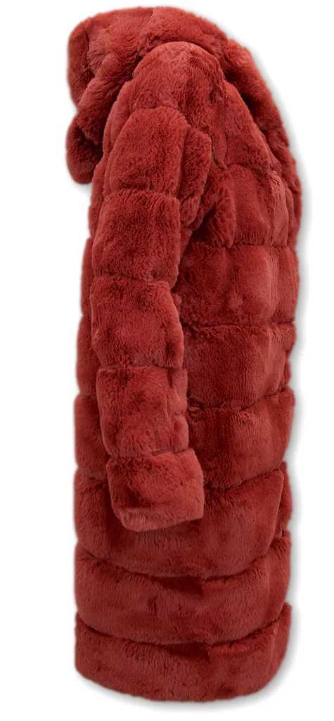 Ladies Faux Fur Coat With Hood Bordeaux | NEW |