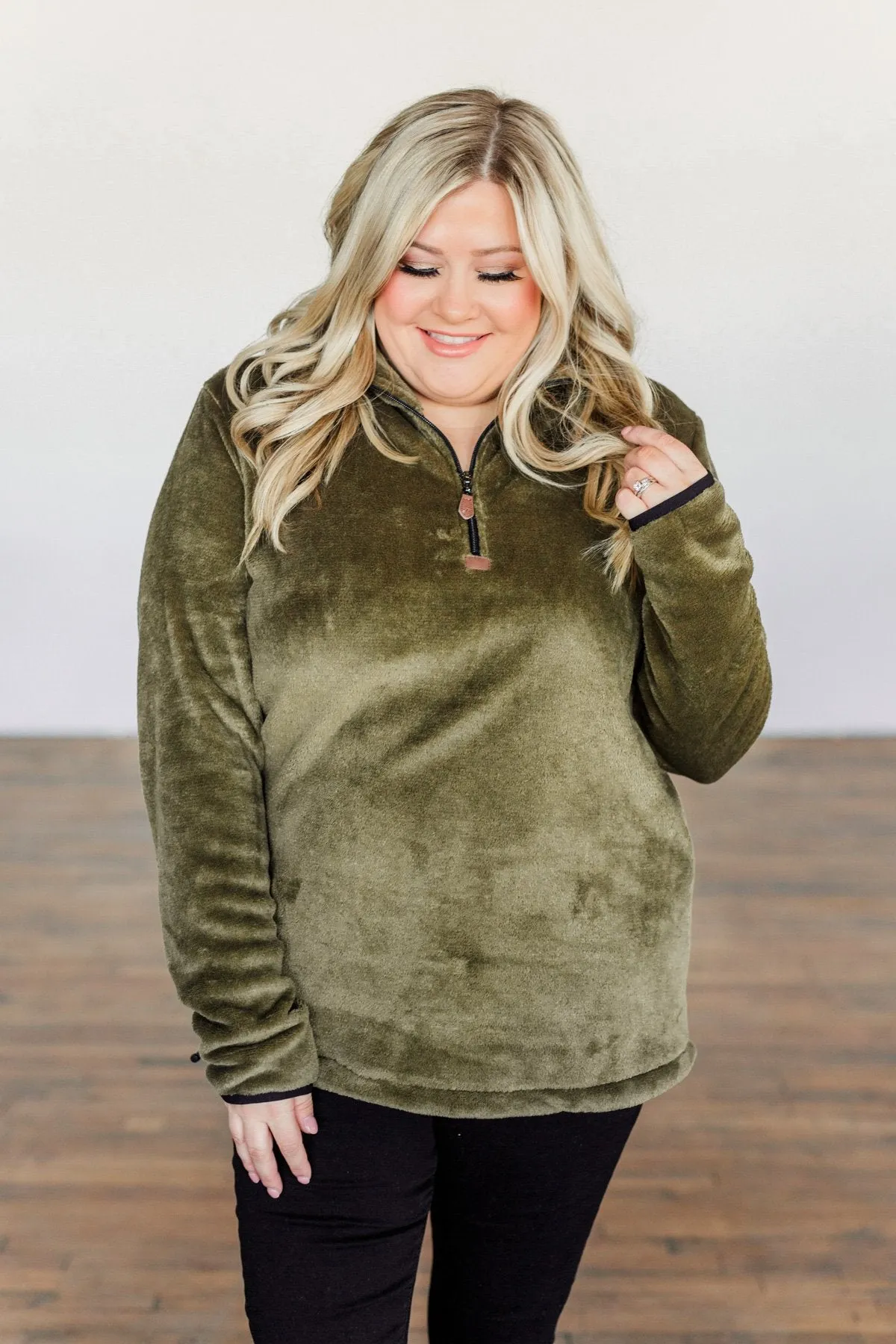 Lean A Little Closer Quarter Zip Sherpa- Olive