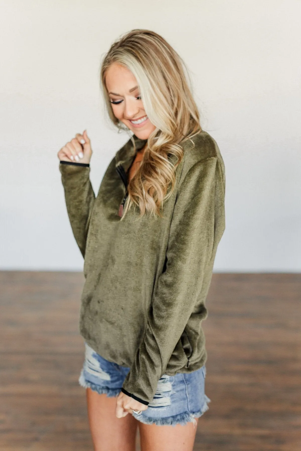 Lean A Little Closer Quarter Zip Sherpa- Olive