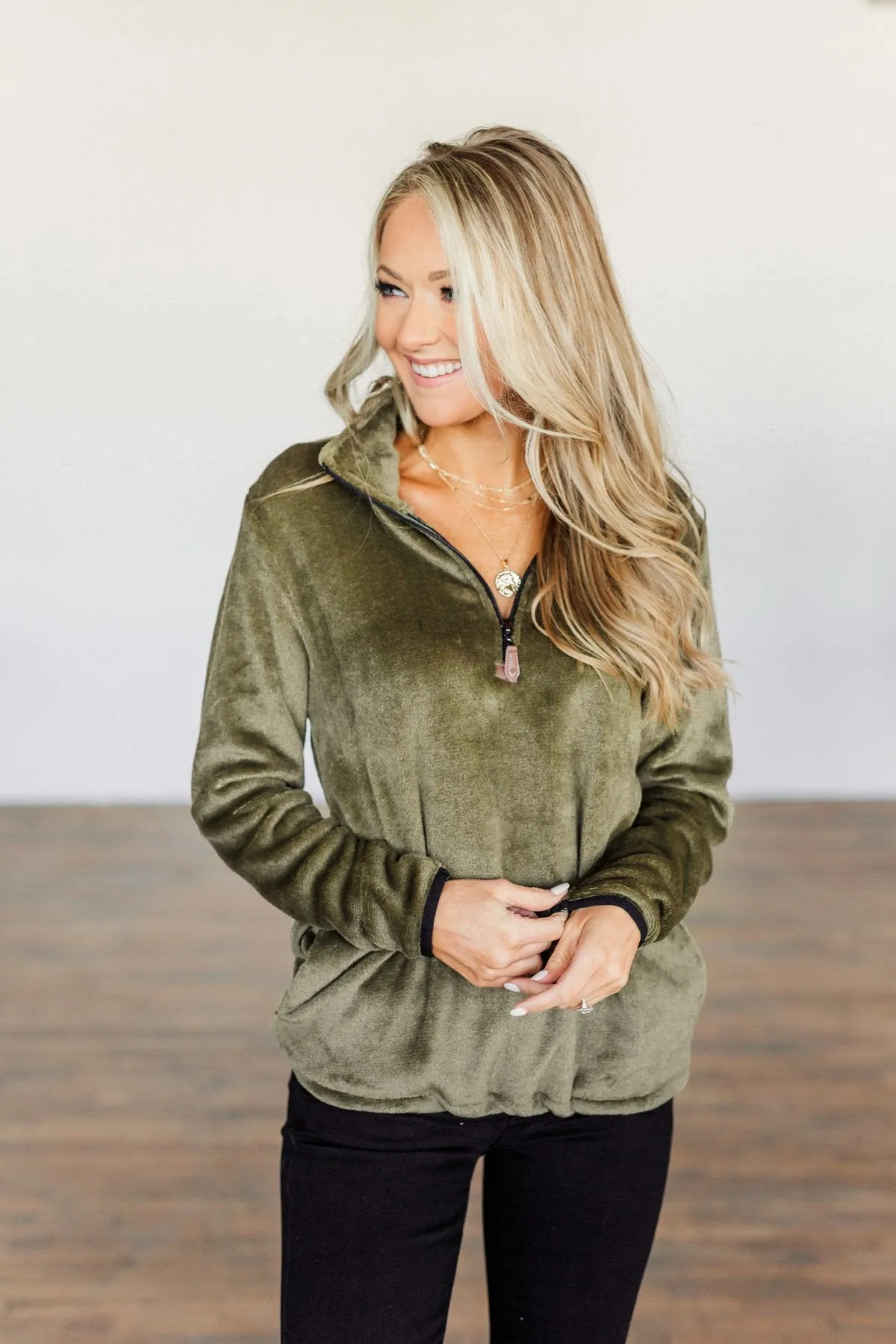 Lean A Little Closer Quarter Zip Sherpa- Olive