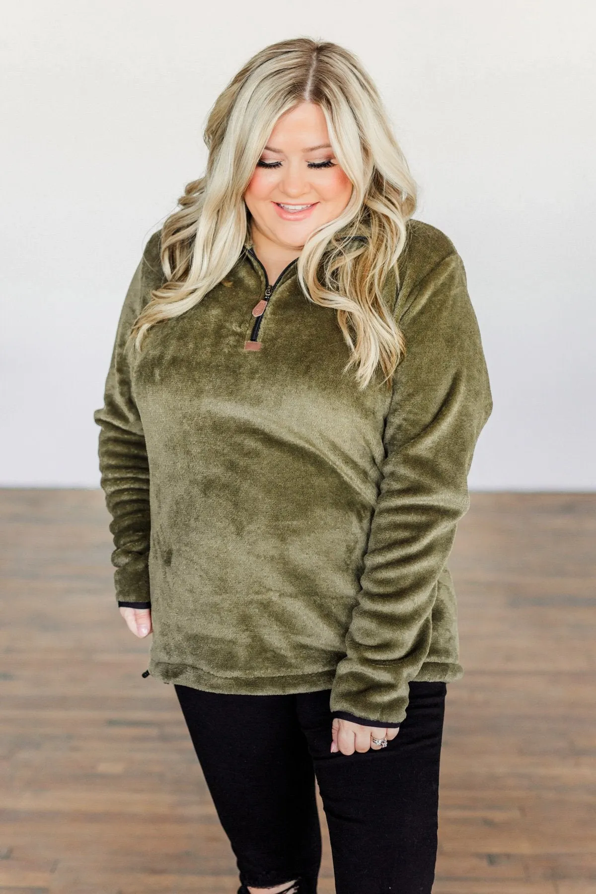 Lean A Little Closer Quarter Zip Sherpa- Olive