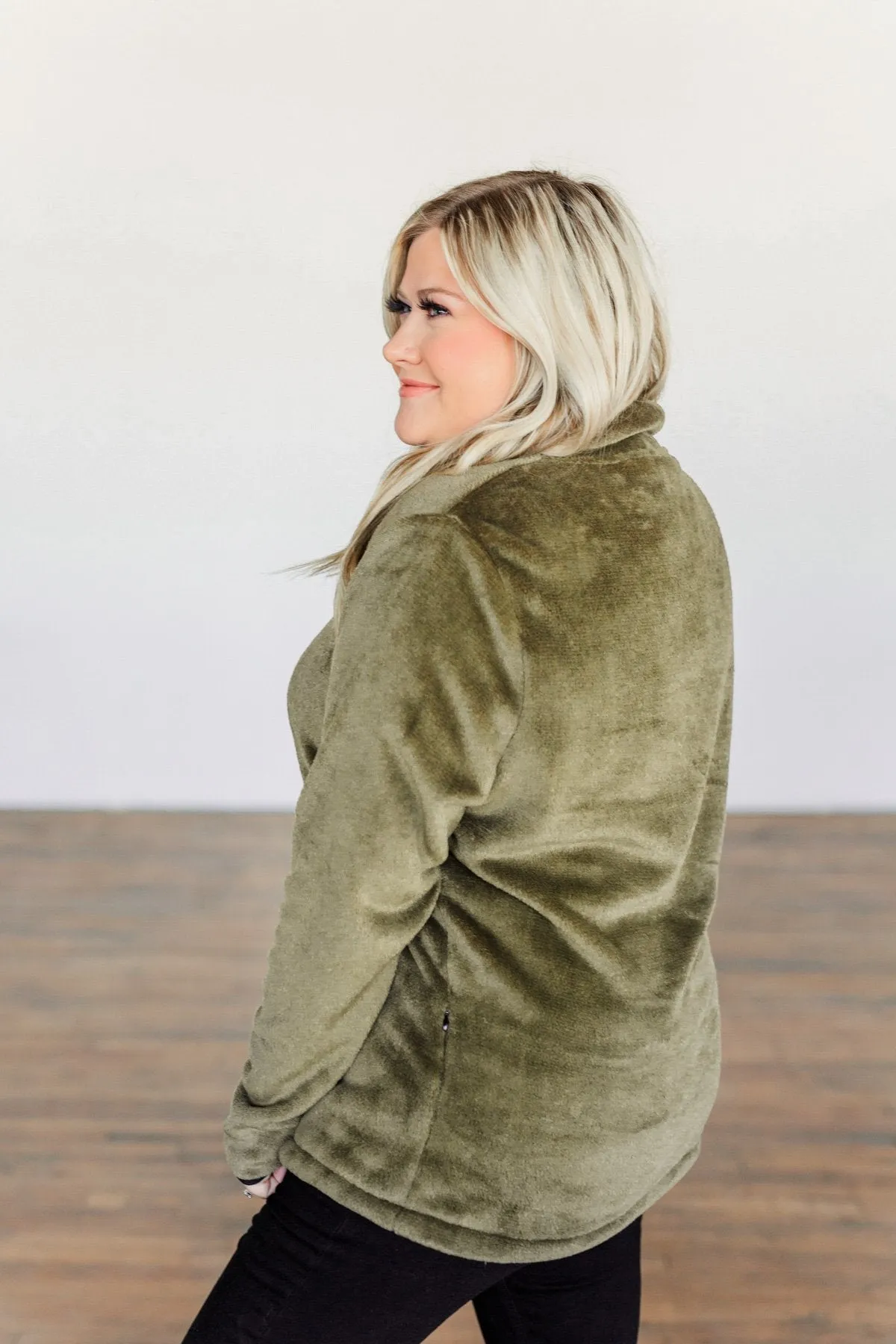 Lean A Little Closer Quarter Zip Sherpa- Olive