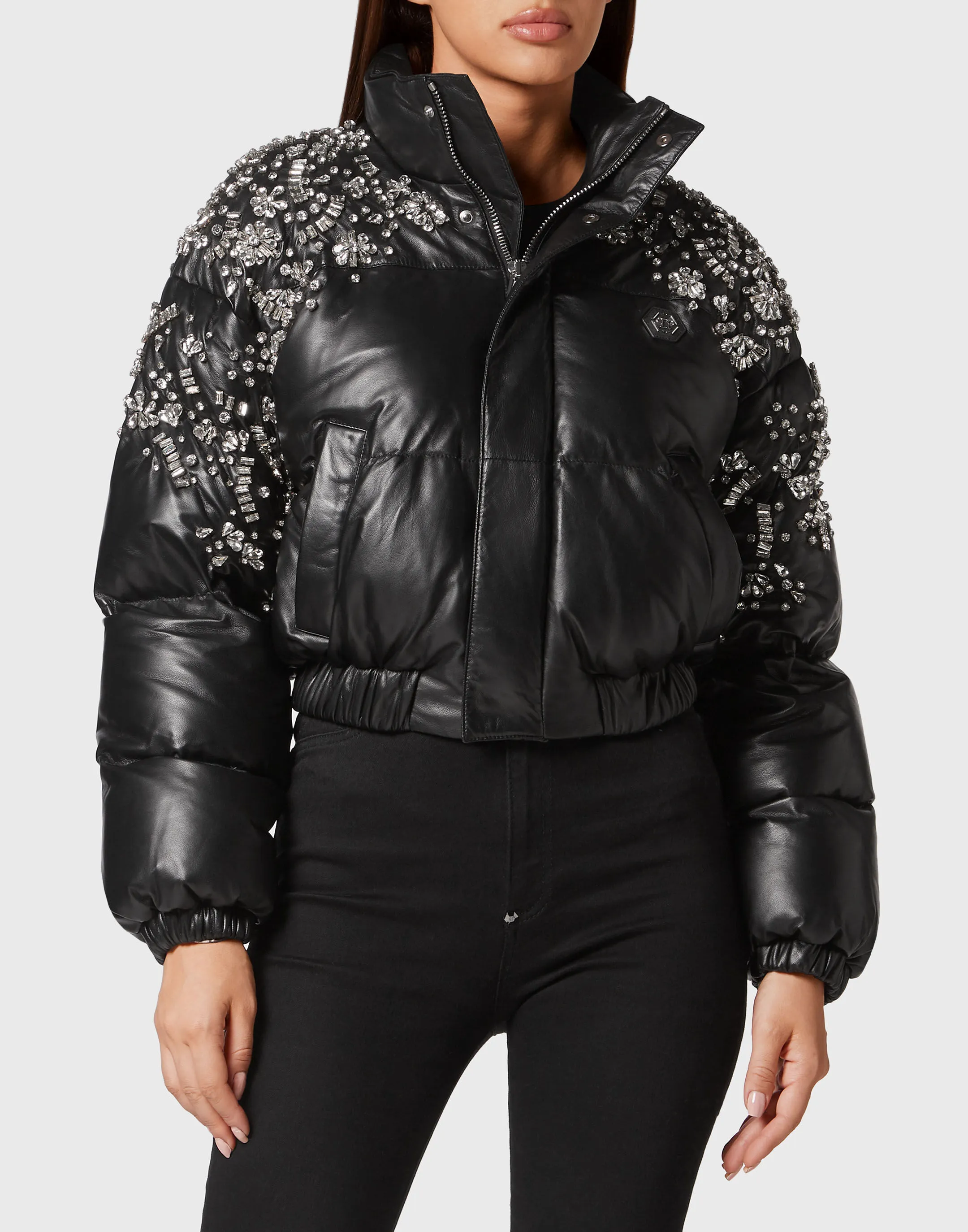 Leather Puffer Jacket Crystal