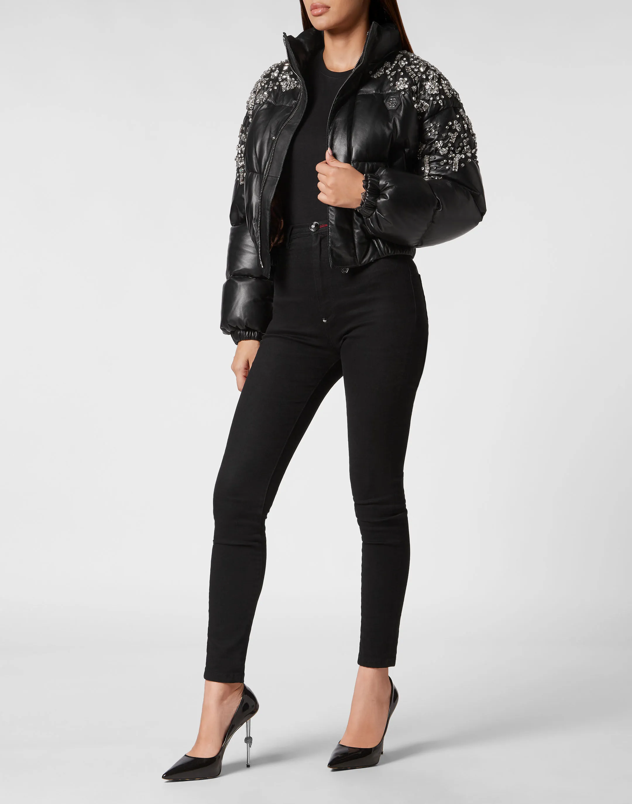 Leather Puffer Jacket Crystal