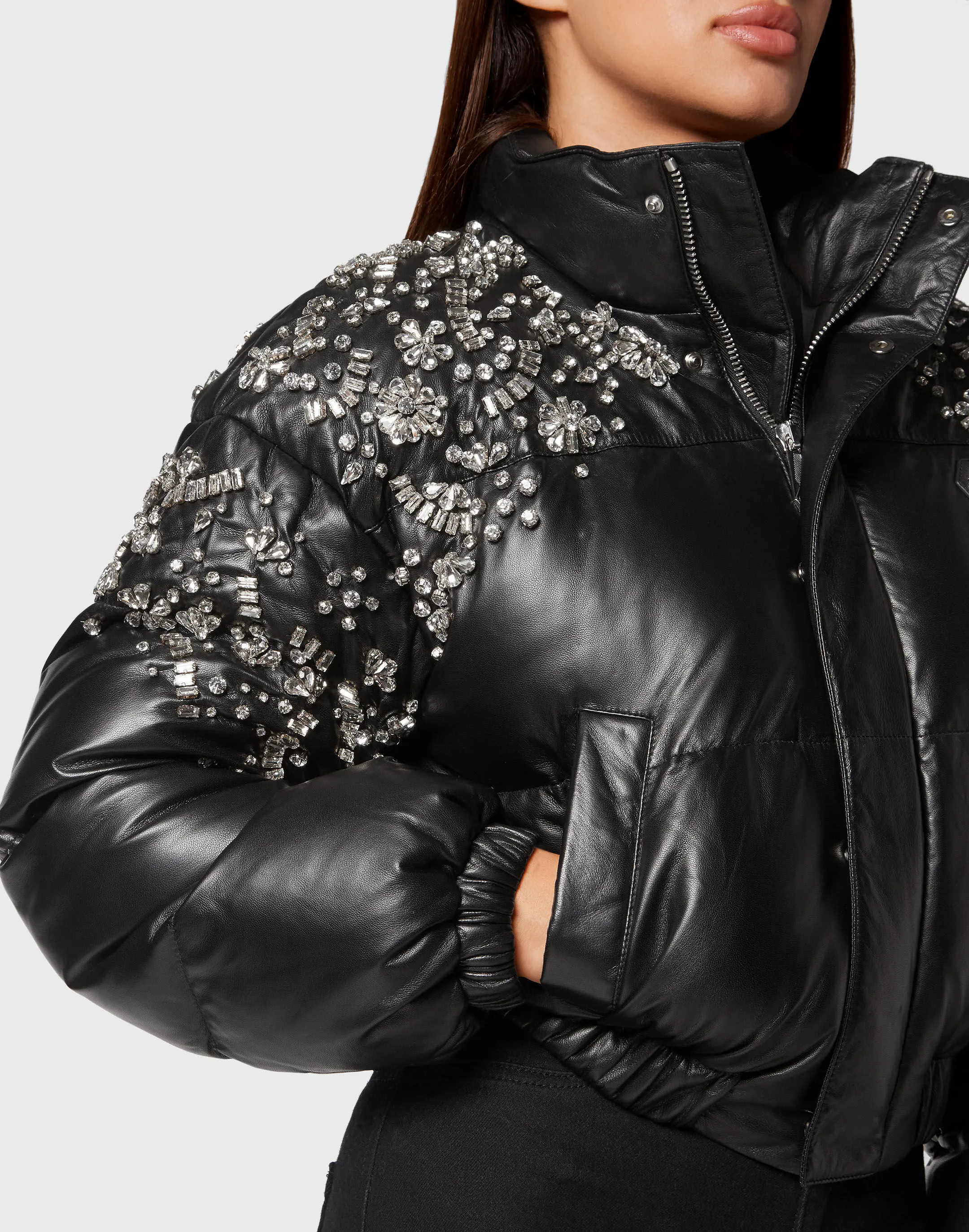 Leather Puffer Jacket Crystal