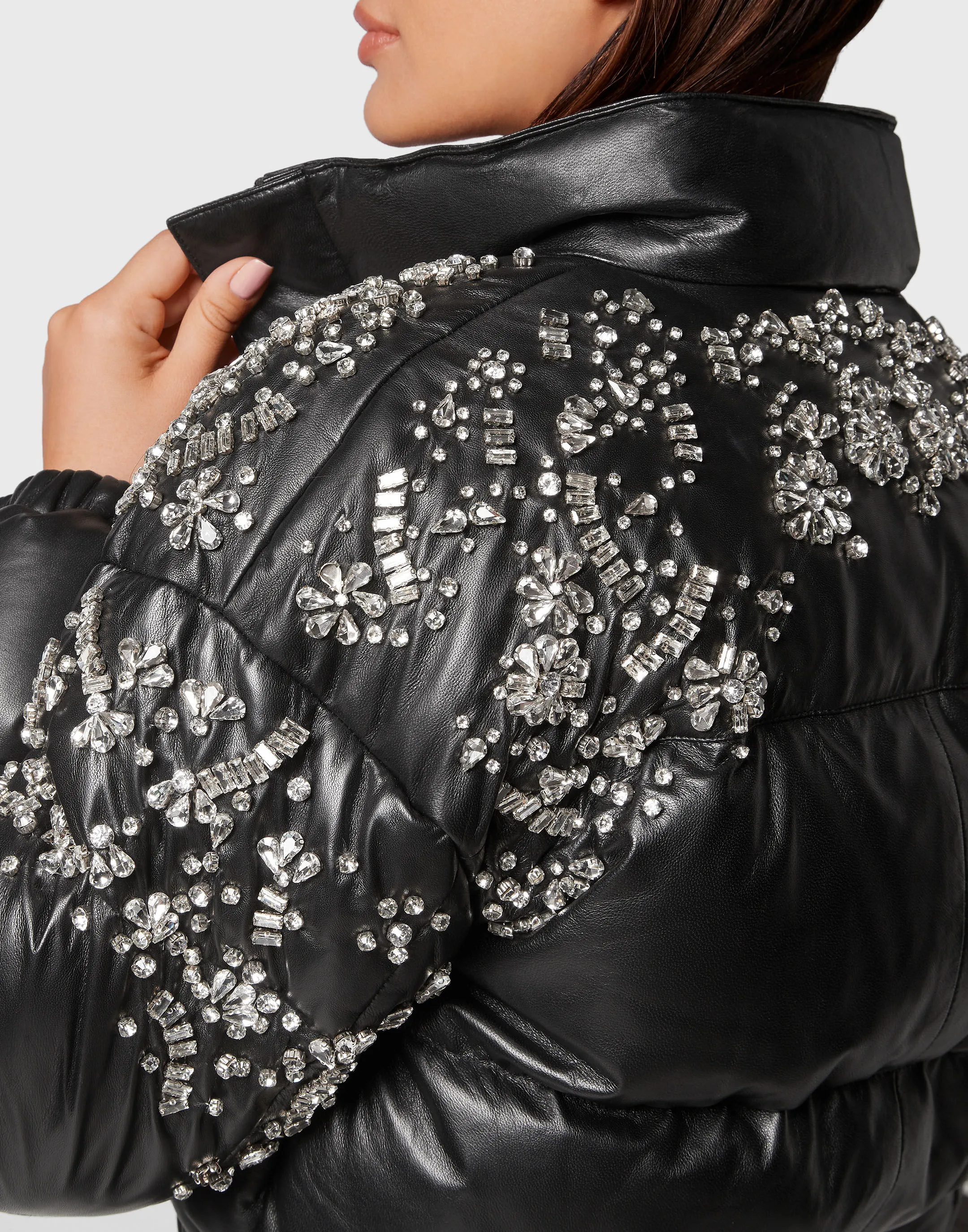 Leather Puffer Jacket Crystal