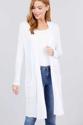 Long Sleeve Open Front With Pocket Long Cardigan - White